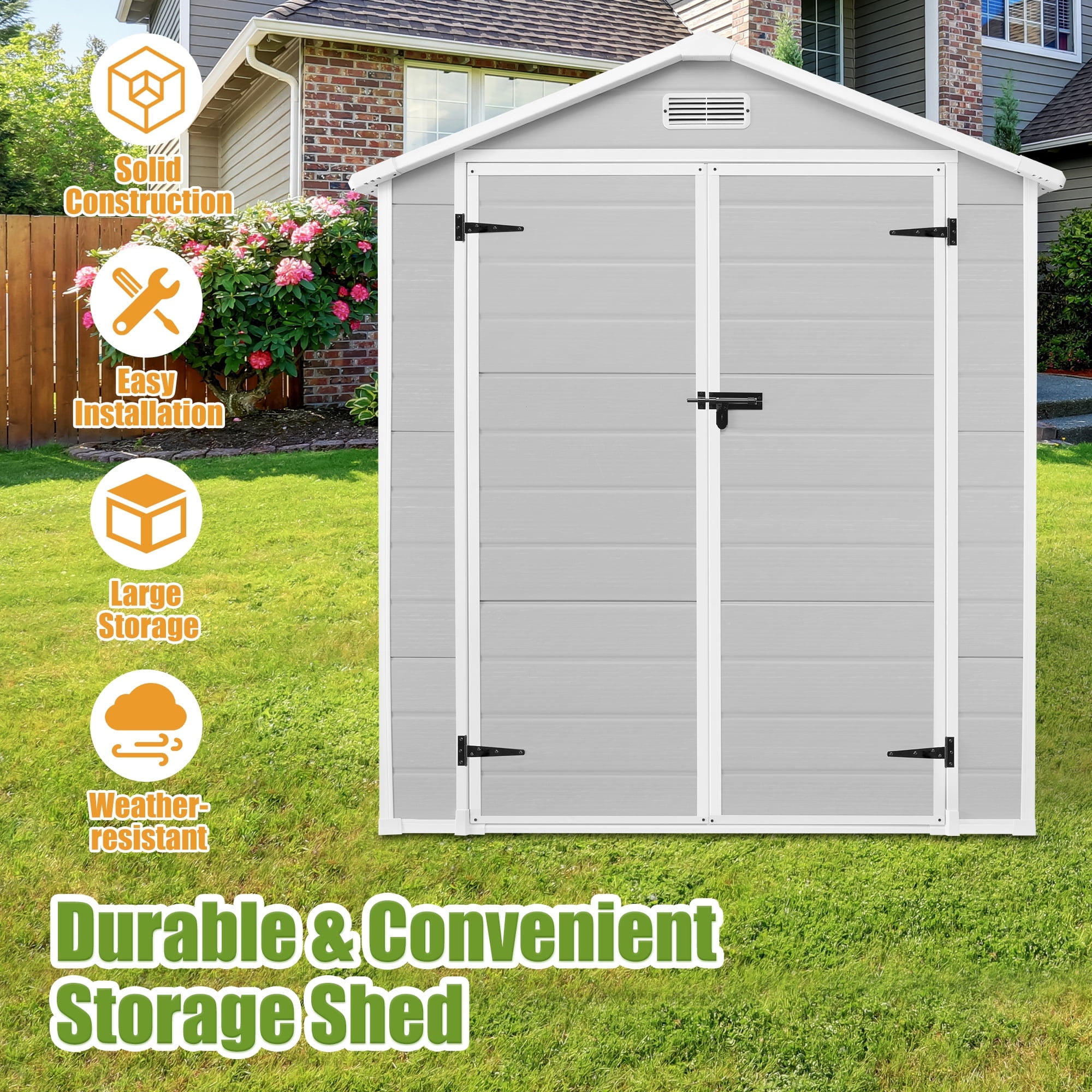 Enyopro Outdoor Storage Shed, All-Weather Resin Tool Shed with Floor and Double Lockable Doors (Grey, 6 ft x 4.4 ft) 6po0j