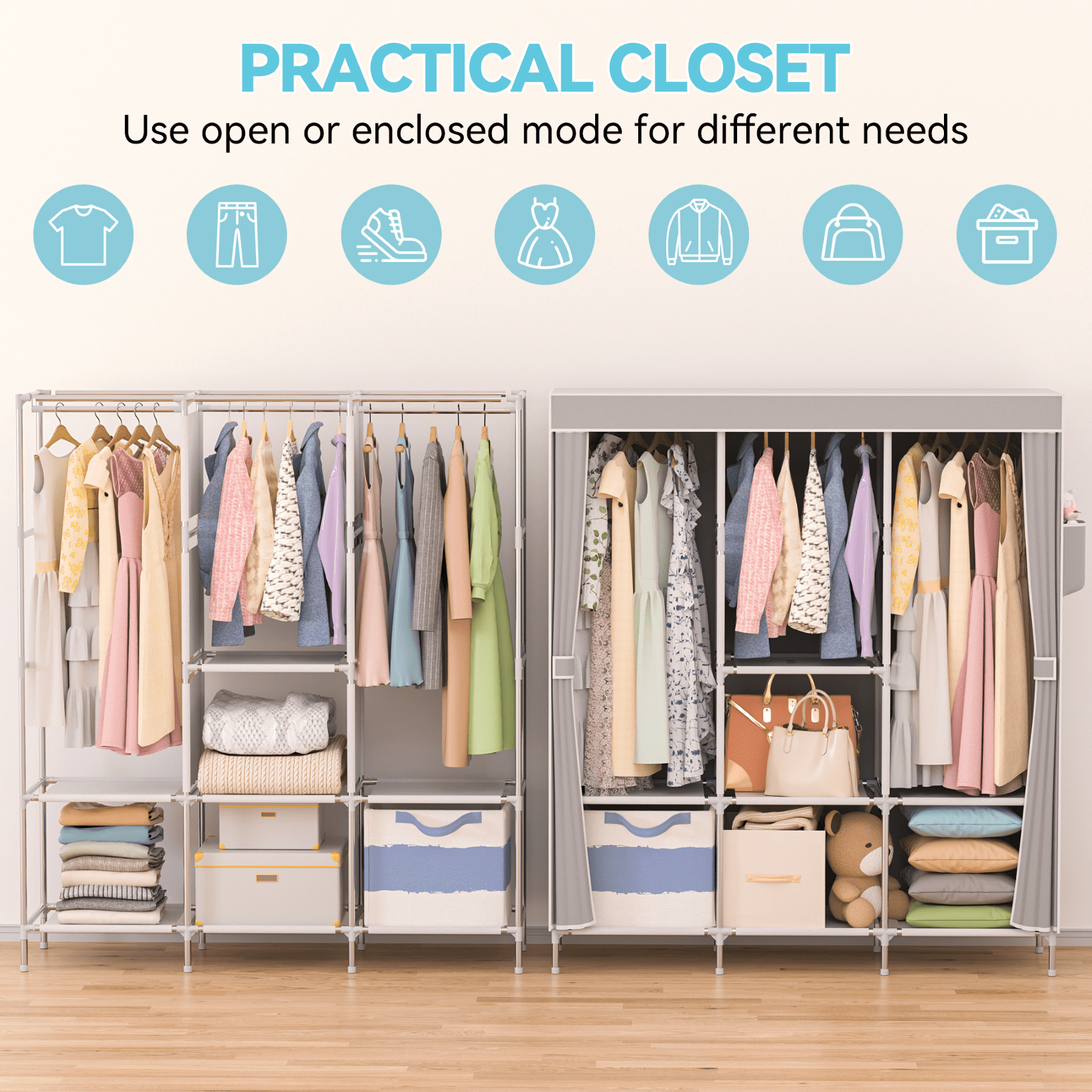 YOUPINS Portable Closet Organizer with 8-Shelf and Hanging Rods (Gray, 50.4 in x 17.7 in x 67 in) 6re5r