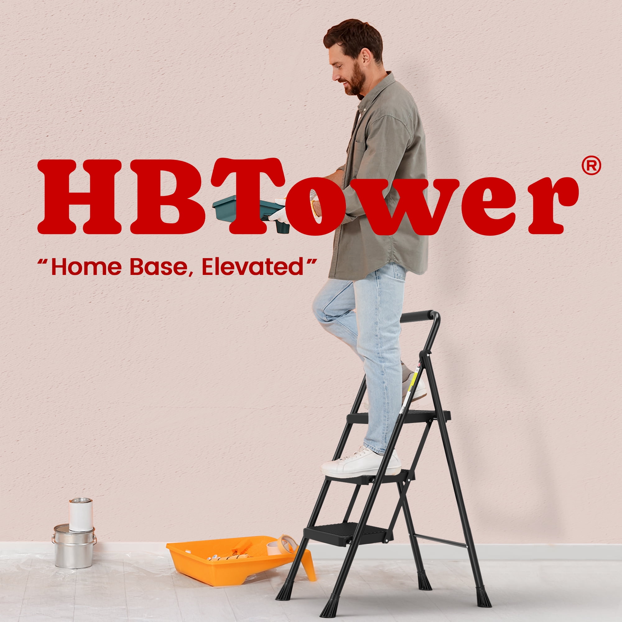 HBTower 3-Step Folding Ladder, Heavy-Duty Steel Step Stool with Anti-Slip Pedals and Handgrip (Black, 500 lb Capacity) 21v5g