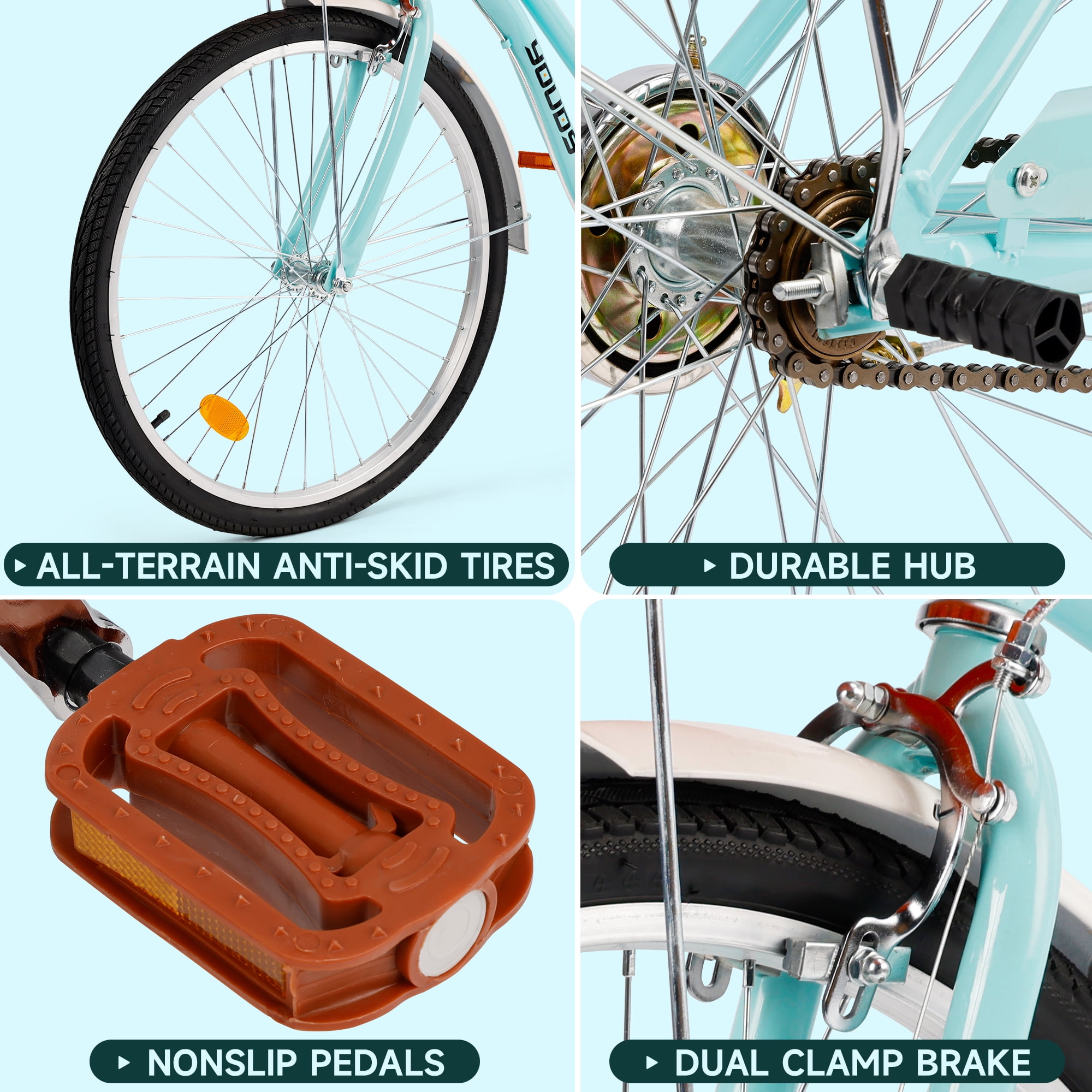 Bruce & Shark Women's Cruiser Bicycle, City Commuter Beach Bike with Basket and Lock (Blue, 24 in) 757bs
