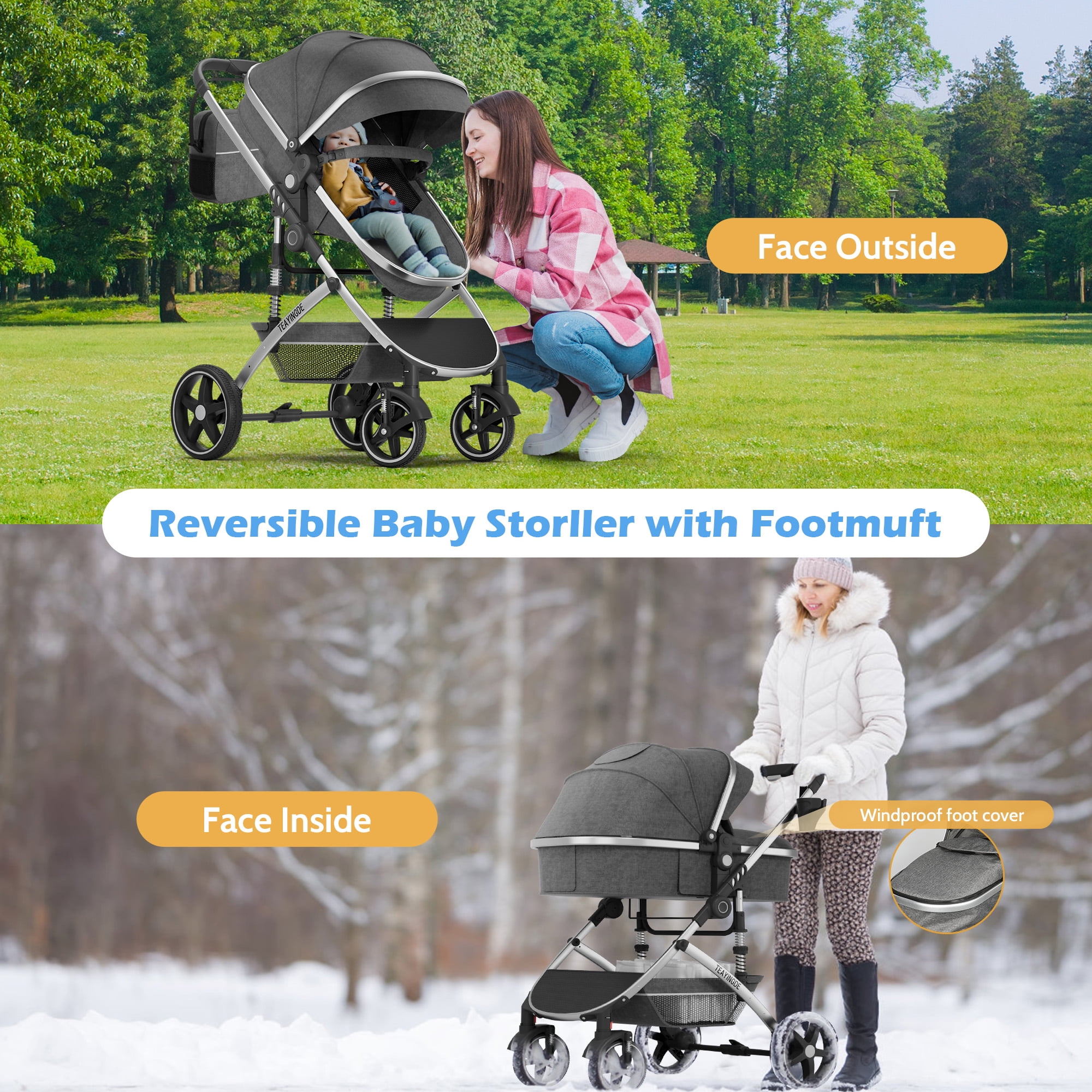 babyeap 2-in-1 Foldable Baby Stroller, Lightweight Reversible Bassinet Carriage with Storage & Cup Holder (Gray, 23 x 24 x 42 in) 9ivpa