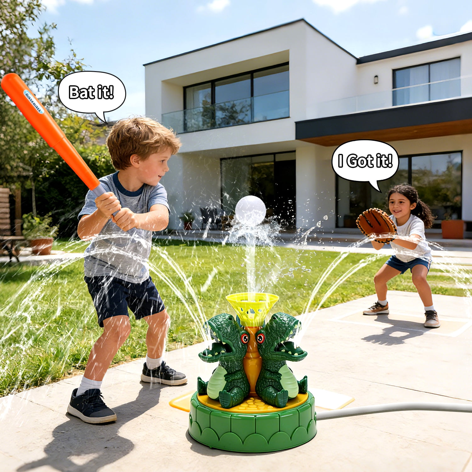 JoyStone 2-in-1 Dinosaur Water Sprinkler and Baseball Batting Game (Green, 1 Set) xrayq