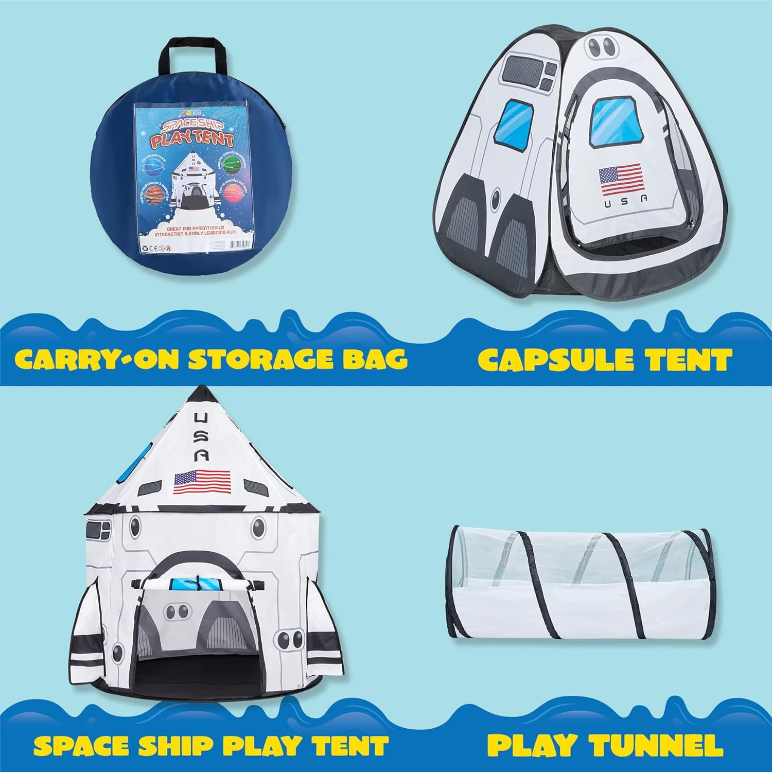 Joyfy Rocket Ship Play Tent Set with Tunnel and Cube (3-Piece, Multi-Color) ukhk0