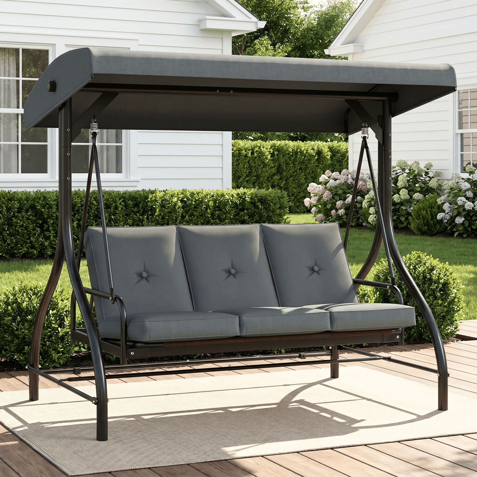 Arlopu 3-Seat Porch Swing, Outdoor Patio Swing Chair with Adjustable Canopy and Removable Cushions (Gray, 57 in) x1s5b