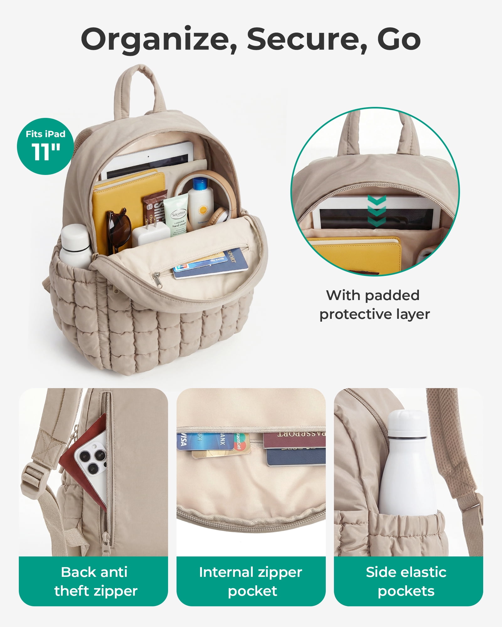 BAGSMART Quilted Mini Backpack, Lightweight Puffer Travel Daypack with Detachable Pouch (Camel, 12.2 x 8.8 x 4.7 in) o97zk