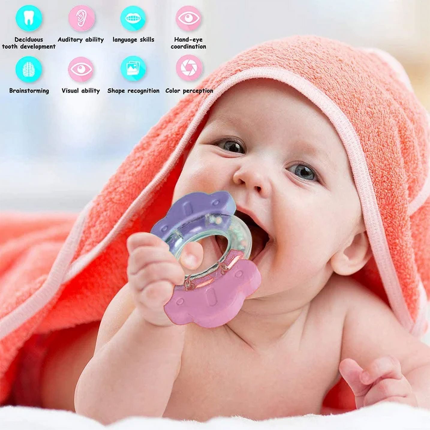 VONGEM Baby Rattle and Teether Toy Set, Sensory Development Toys for Infants, BPA-Free Silicone Teething Relief (14 Pieces) 04zcc