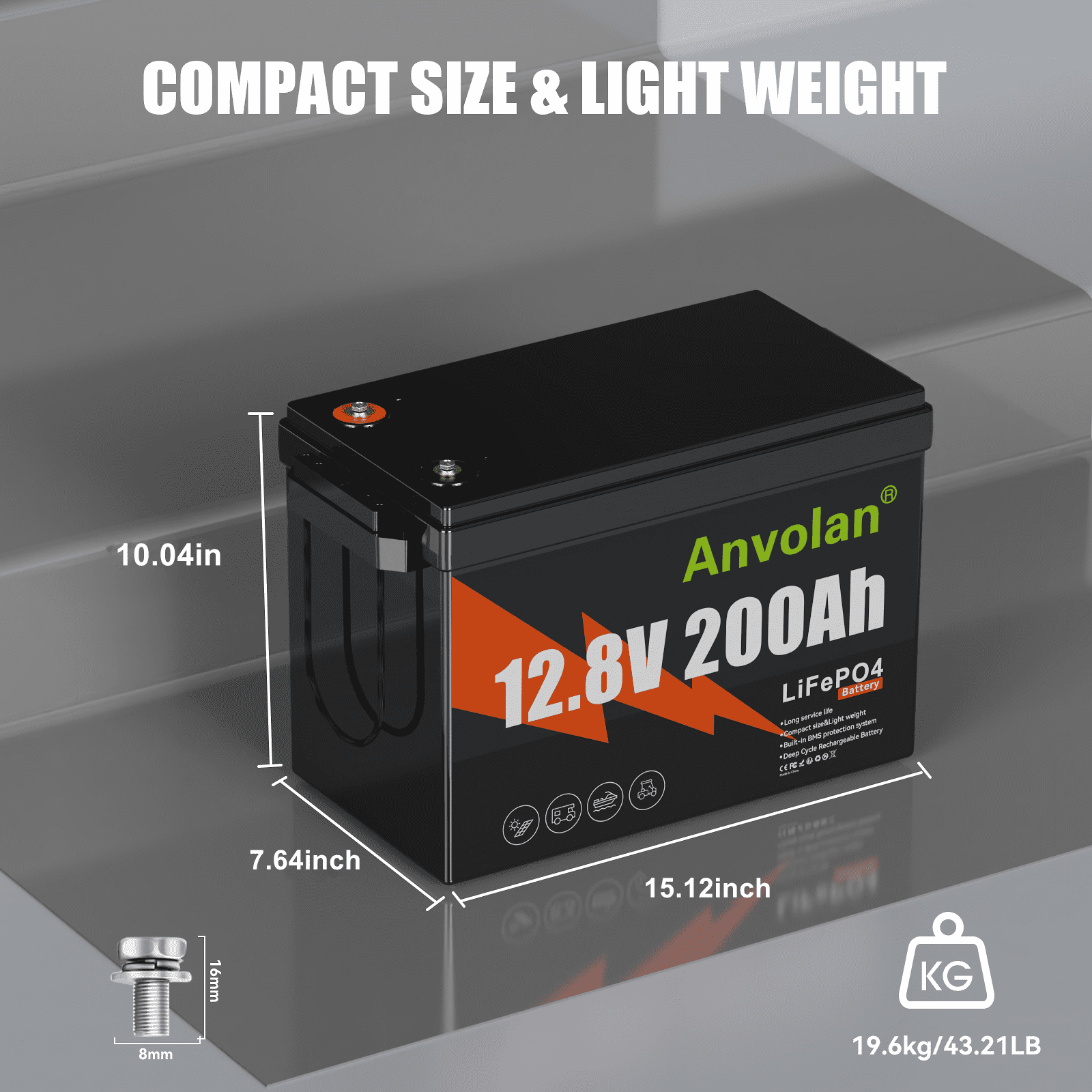 Anvolan 12V 200Ah LiFePO4 Deep Cycle Rechargeable Lithium Iron Phosphate Battery (200Ah) 0jqil