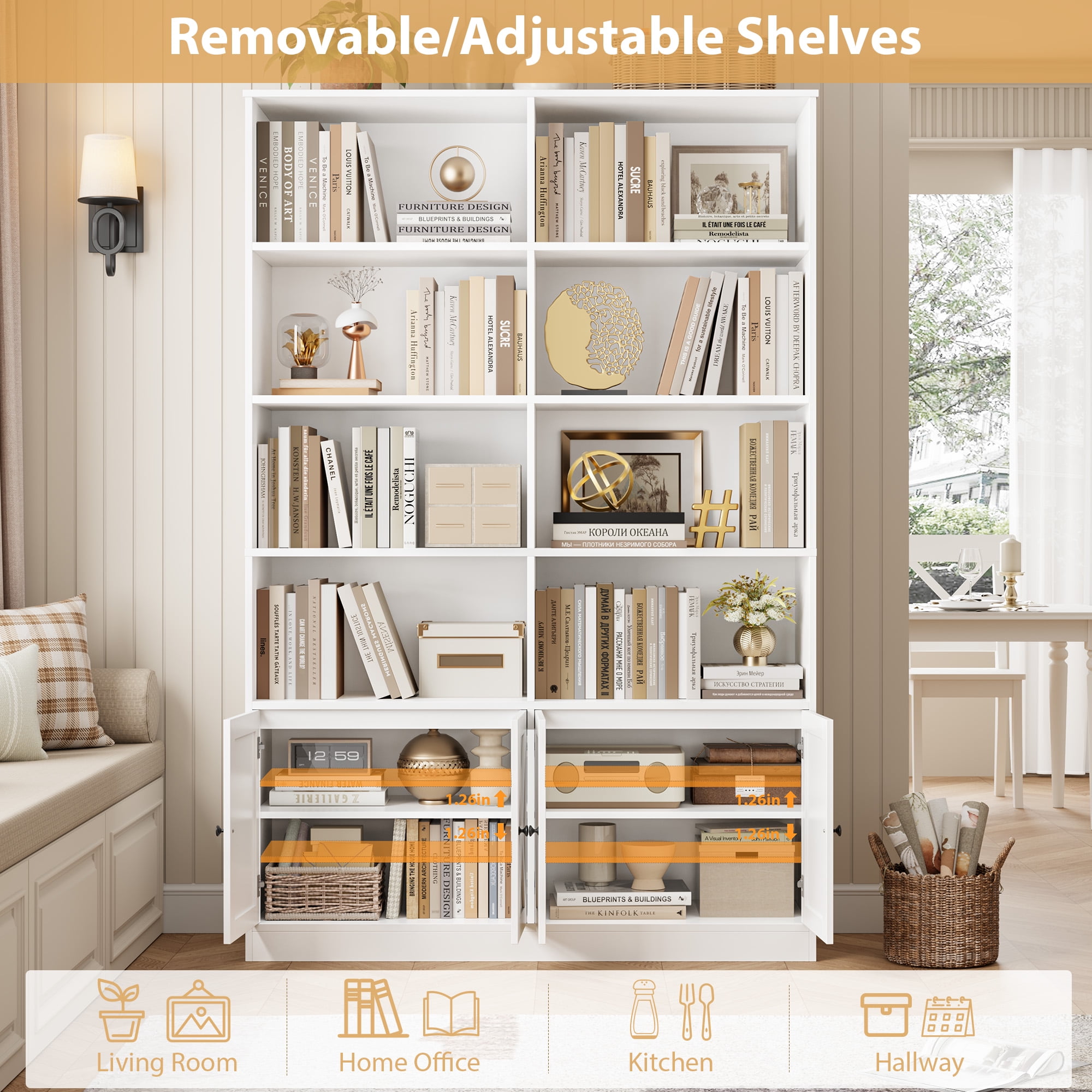 Hiphuta Tall Bookcase with Doors and Shelves, Freestanding Storage Display Cabinet for Home Office (White, 71 in H x 47.2 in W) nux95