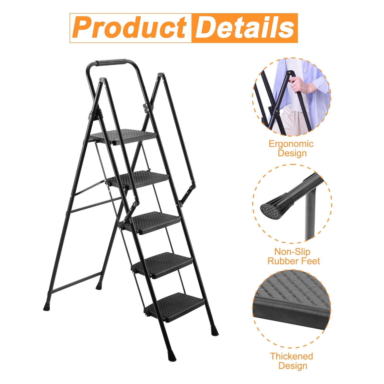 Geemuslly 5-Step Folding Ladder, Heavy-Duty Steel Step Stool with Anti-Slip Pedals and Safety Handrail (Black, 350 lb Capacity) wkmg3