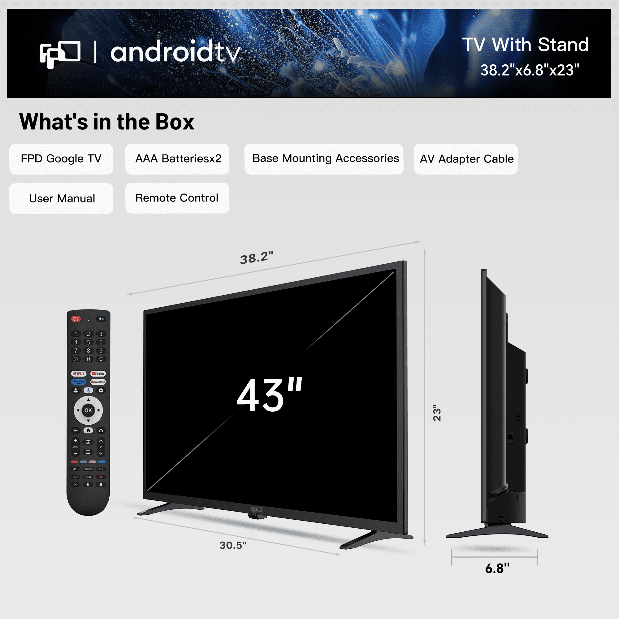 FPD 43-inch Smart TV, 1080P FHD Android TV with Built-in Chromecast, Dolby Audio, HDR 10, Voice Control (43 in) d9qk2