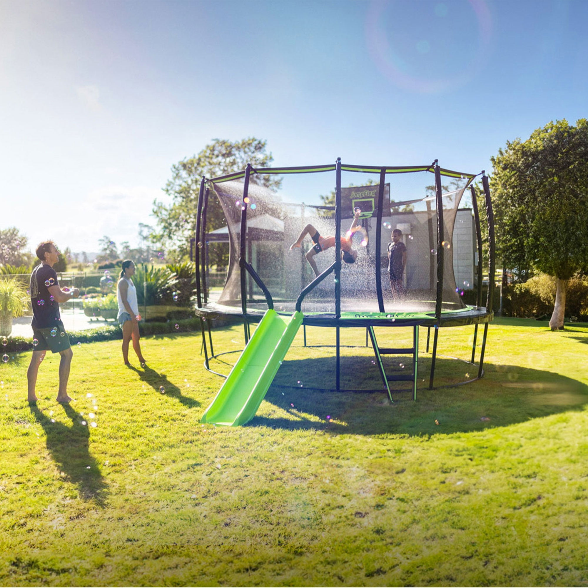 JumpFlex HERO Round Trampoline with Safety Net Enclosure and Ladder (Black/Green, 15 ft) 85dn0