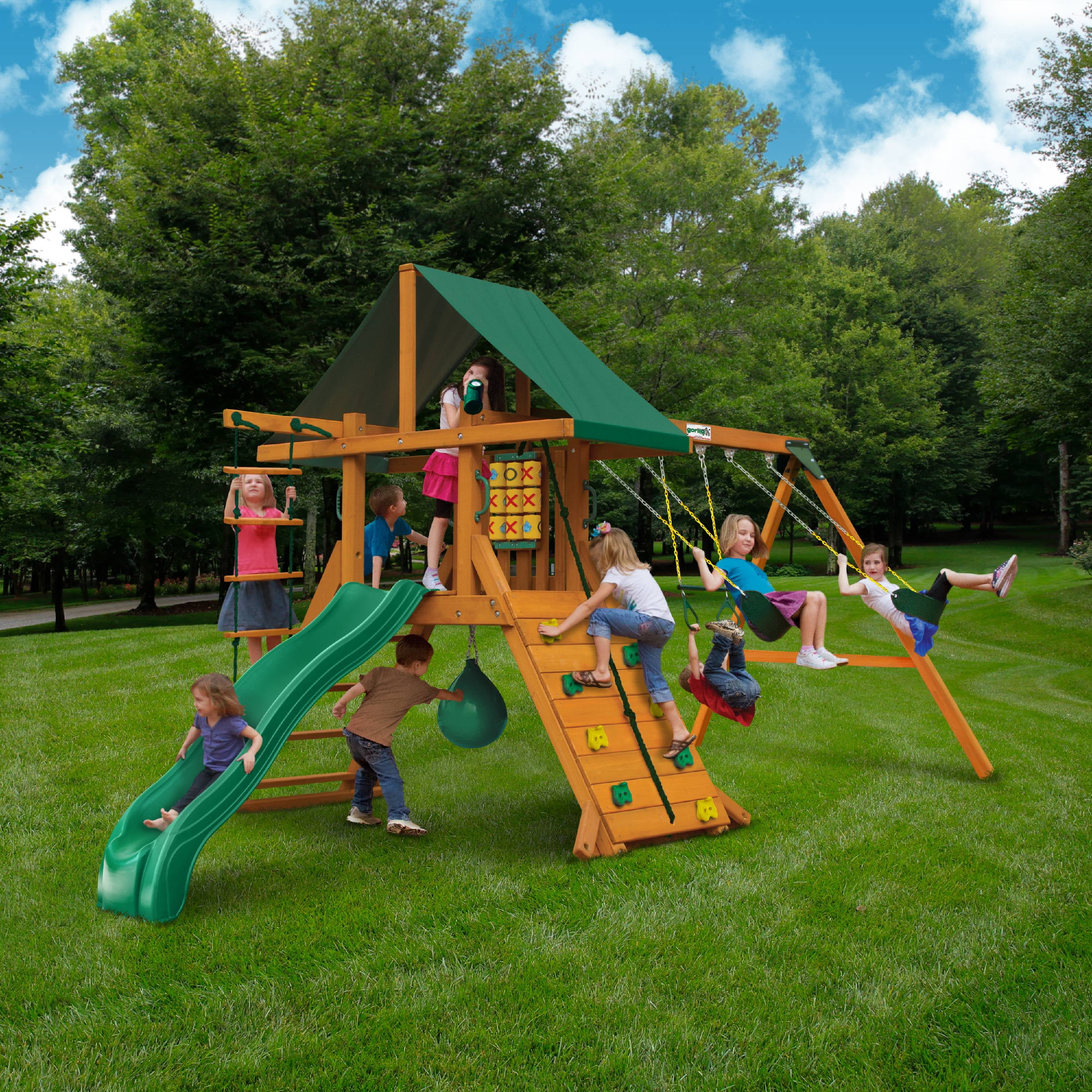 Gorilla Playsets Ozark II Wooden Swing Set with Climbing Wall and Slide (Yellow, 18 ft W x 9 ft D x 9 ft H) 65id6