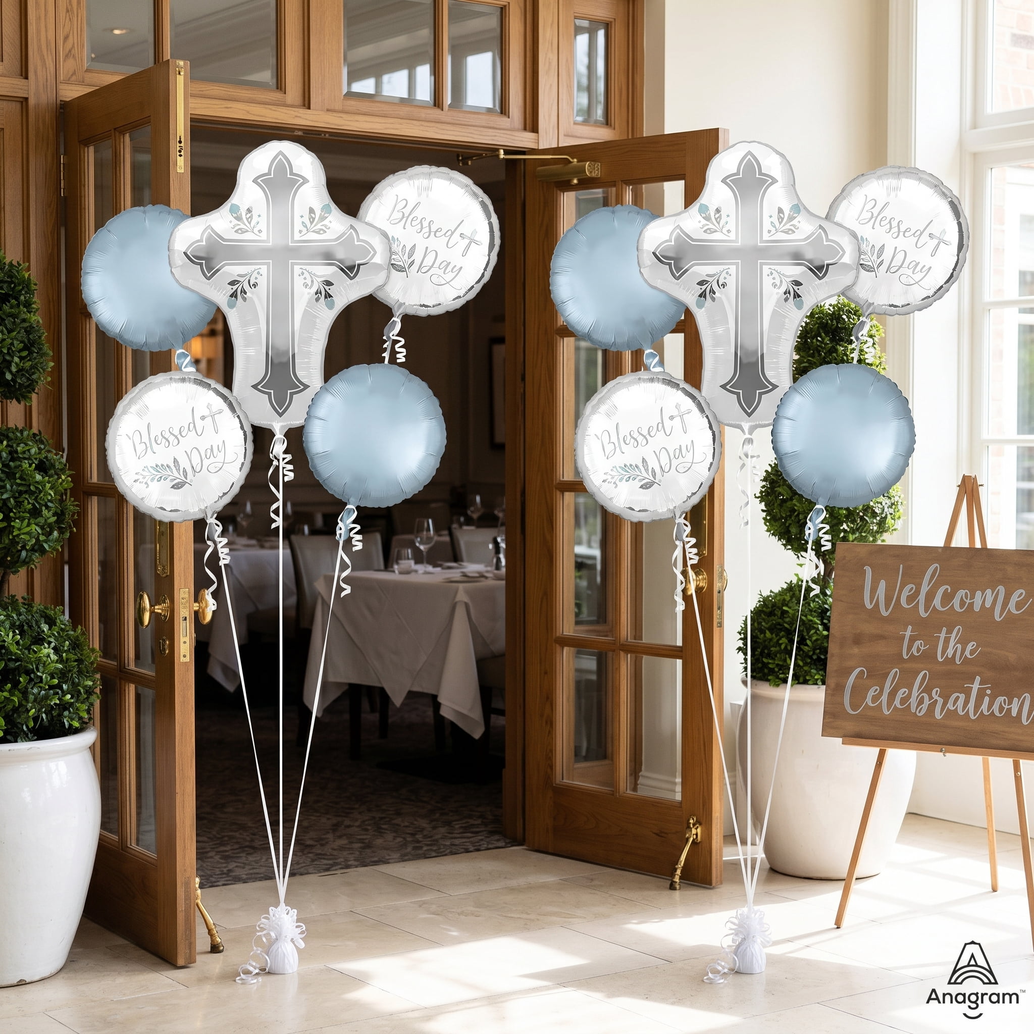 Anagram First Communion Balloon Bouquet (Blue and Silver, 5 Piece Set) 0lapm