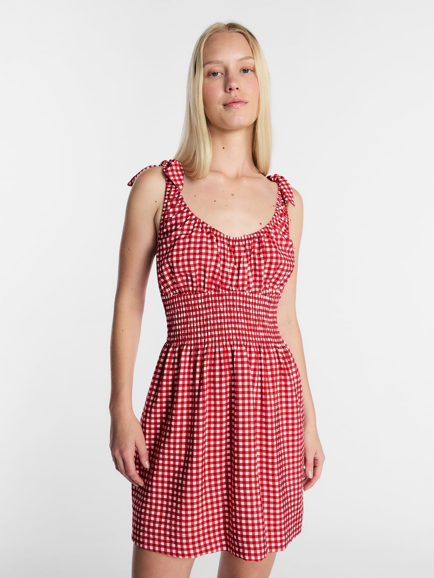 Kacey Lee Women's Smocked Mini Dress Gingham Pattern Sleeveless (Red, XS) 2ujj1