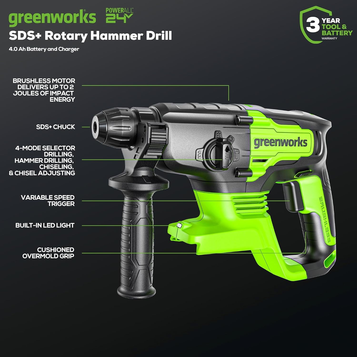 Greenworks 24V Cordless Rotary Hammer Drill, Brushless Motor, 4-Mode SDS Plus, LED Light (Black, 4Ah Battery & Charger Kit) p6umj