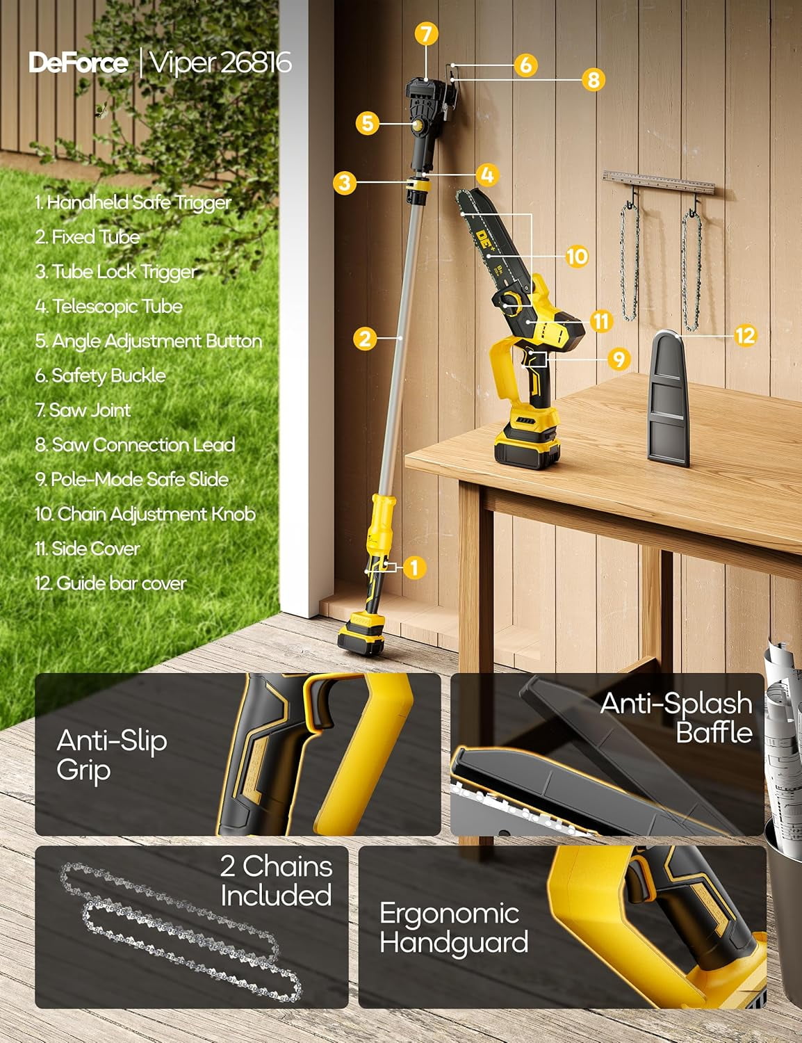 VANQUE 2-in-1 Cordless Pole Saw for DeWalt 20V Max Battery, Brushless 8 in Mini Chainsaw for Tree Trimming (Yellow, 16 ft Reach) 4gsyb