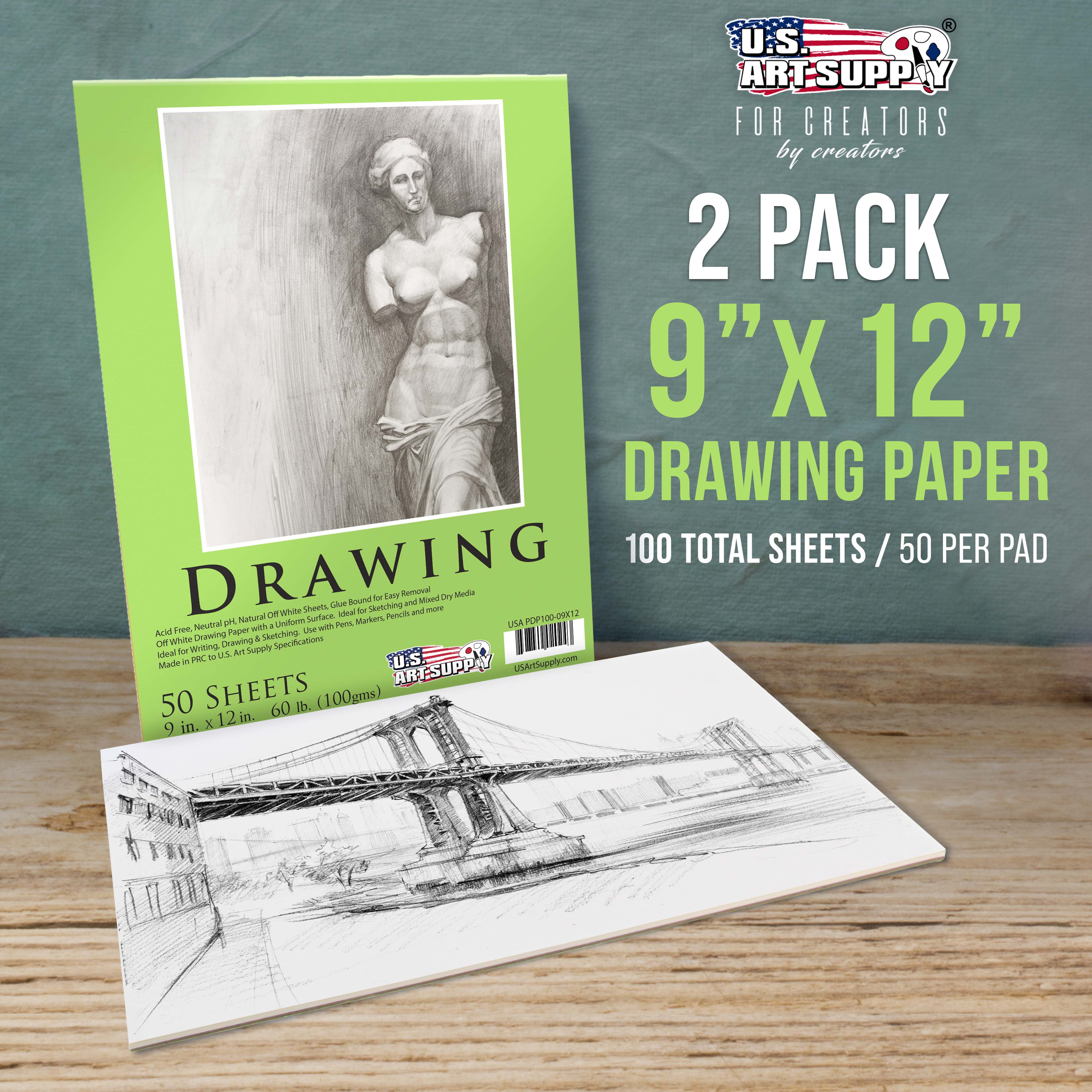 U.S. Art Supply Premium Drawing Paper Pad, Acid-Free Sketchbook for Dry Media (White, 9 in x 12 in, 2 Pack) zaxdr