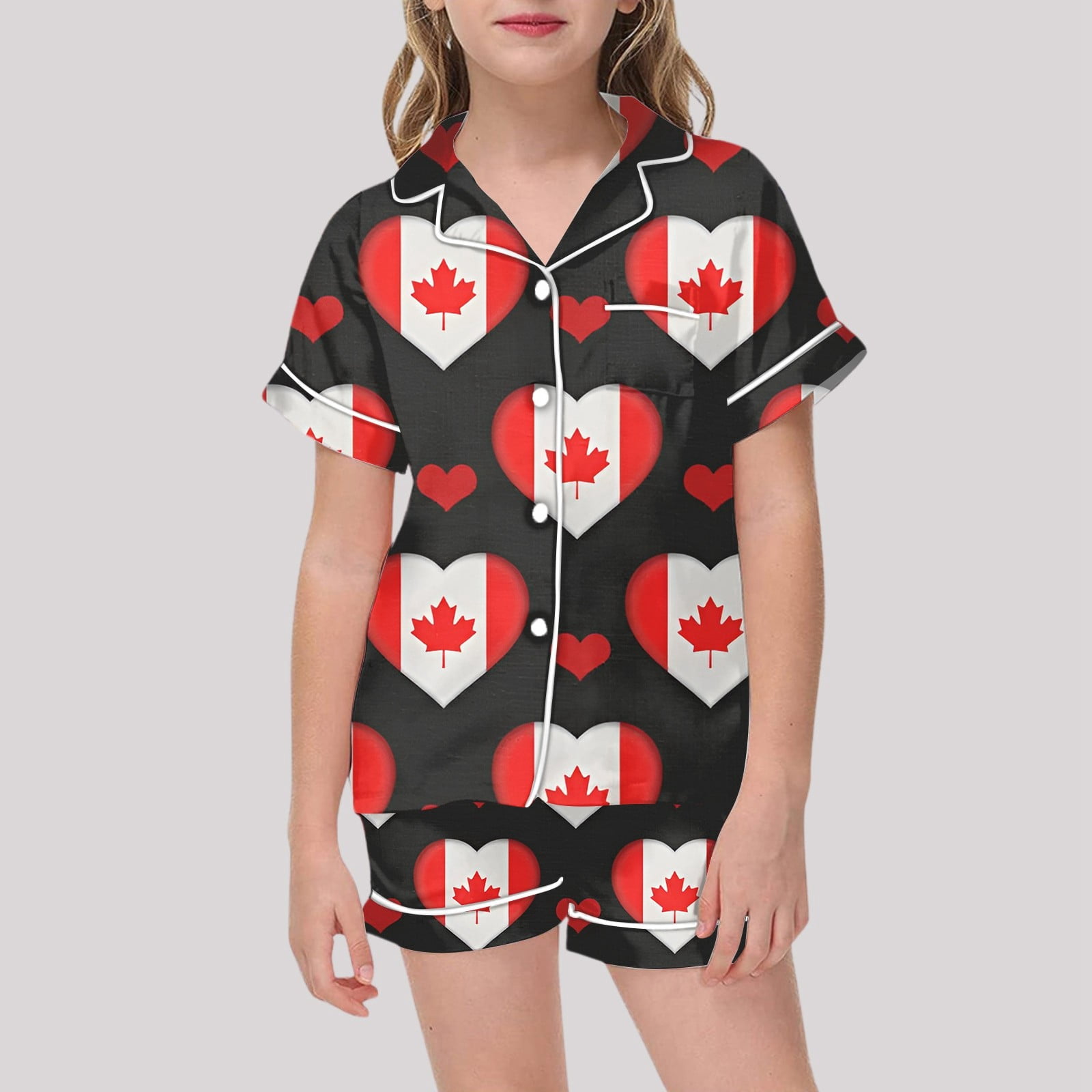 Zenthread Toddler Girl Summer Outfit Set Maple Leaf Print Short Sleeve Collared Shirt and Shorts (Black, 2-3T) wocwf