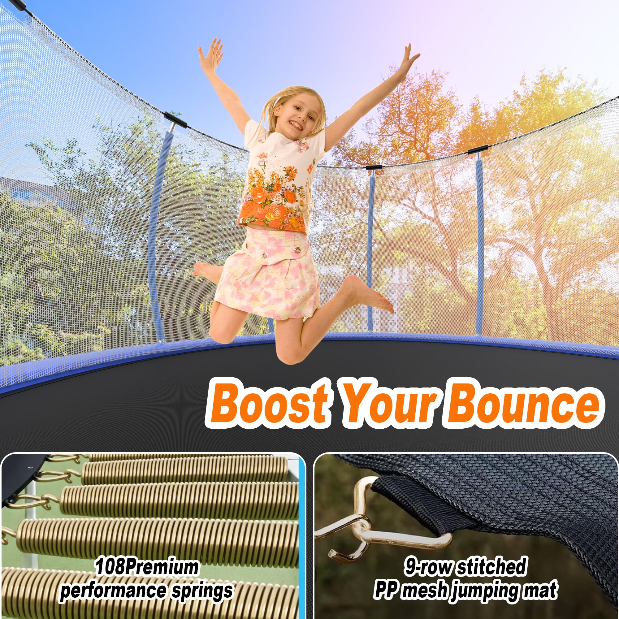 Ovatoys 16 ft Recreational Trampoline with Safety Enclosure and Ladder (Blue, 1600 lb Capacity) 1tcat