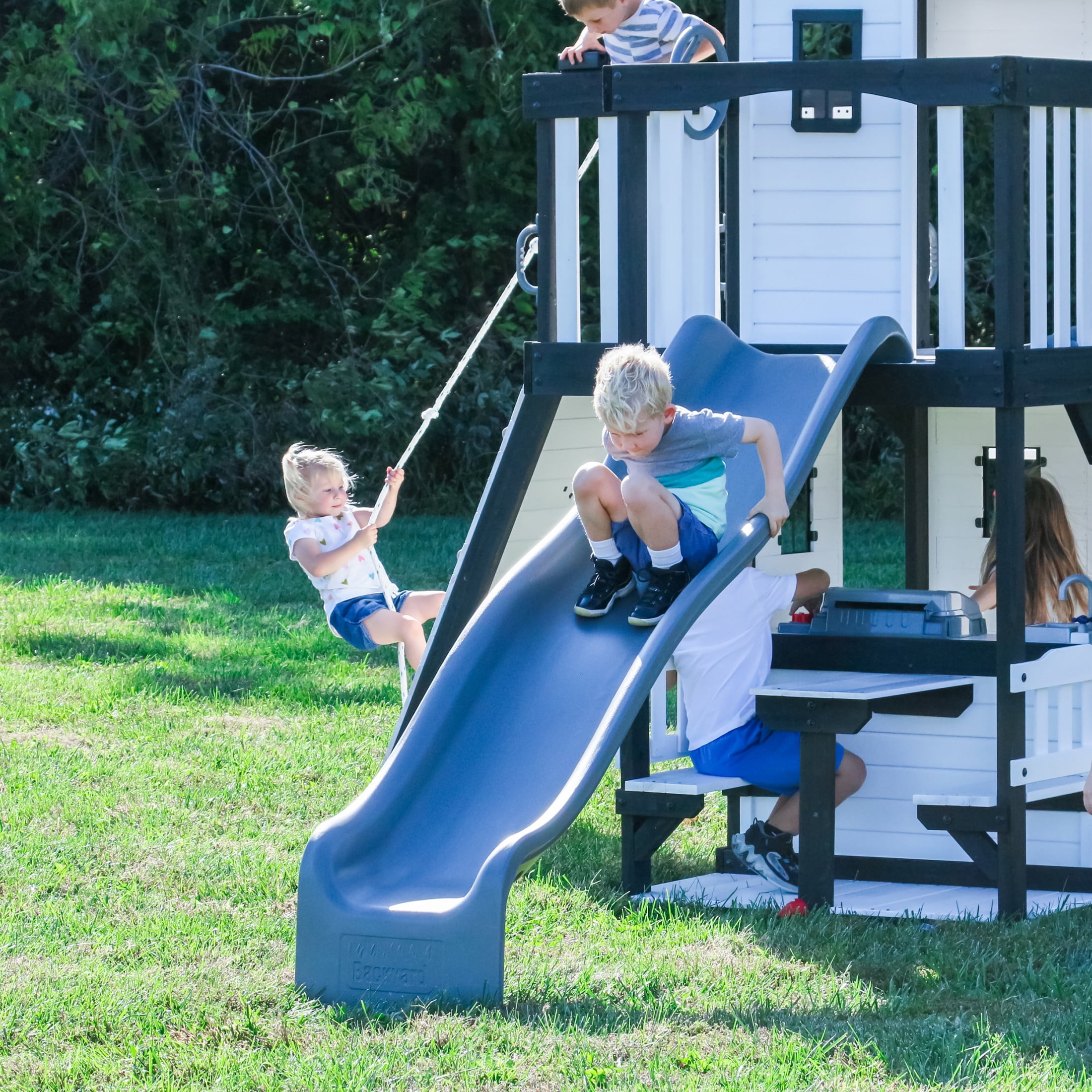 Backyard Discovery Canyon Creek Cedar Wood Swing Set with Slide, Clubhouse, and Rock Wall (White, Large) dzuh1