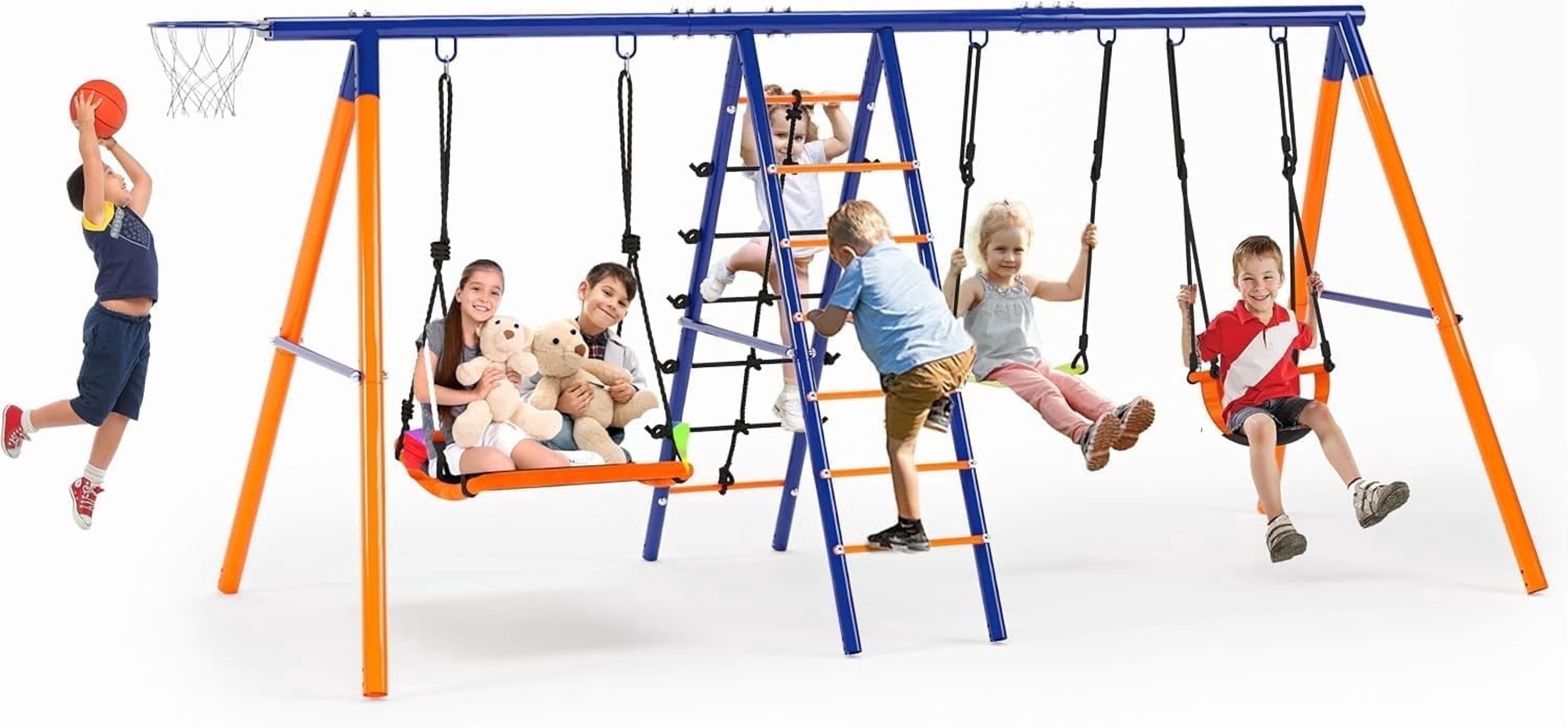 Veeboto 6-in-1 Outdoor Swing Set, Heavy-Duty Metal Backyard Playground with Climbing Ladder and Basketball Hoop (Orange, 700 lb Capacity) fn8wc