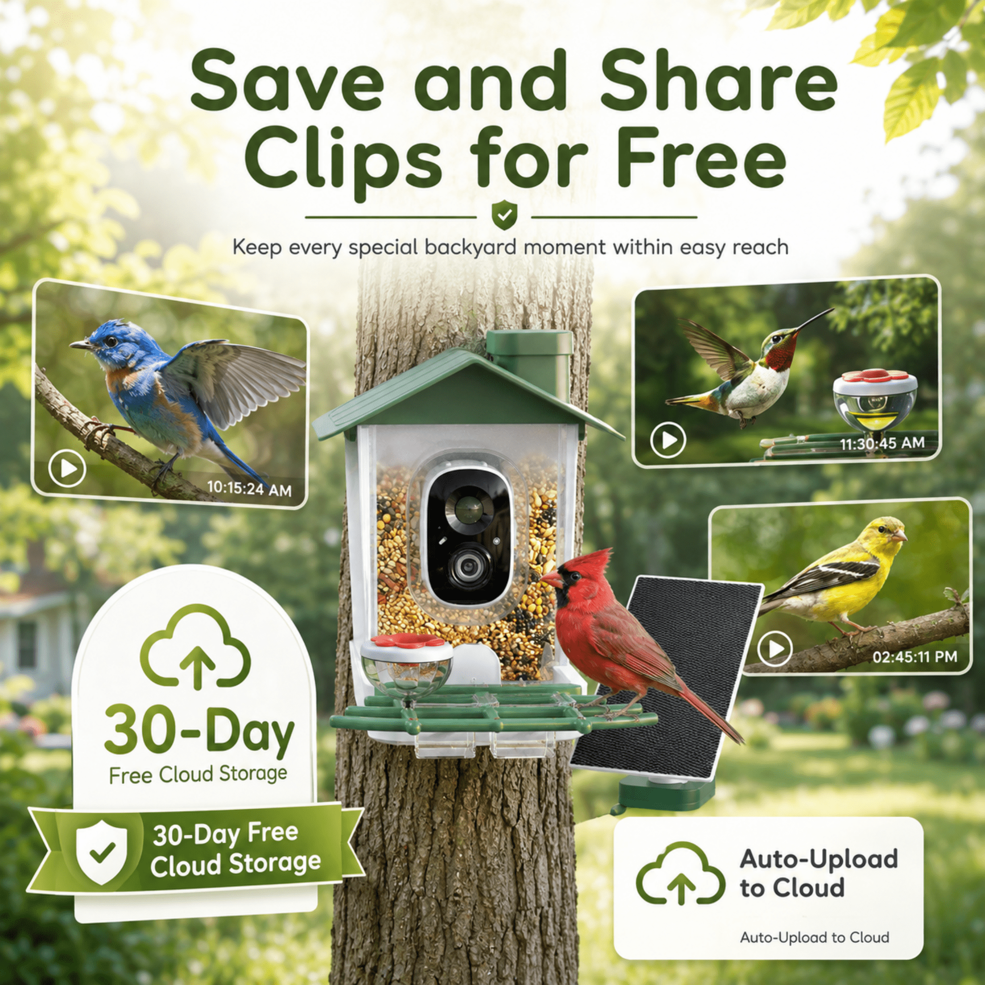 Mehoom Smart Bird Feeder with Camera, 3K HD AI Bird Recognition, Solar Powered Outdoor Wildlife Camera (Green) 2k1ye