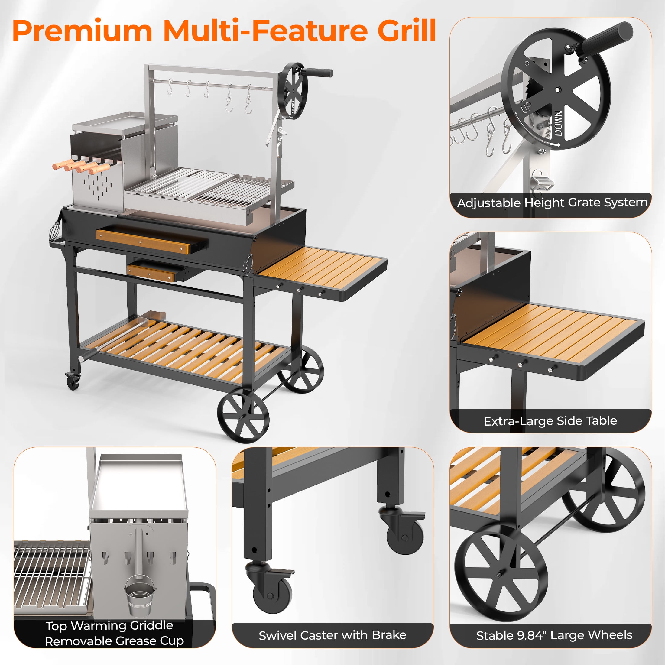 Flintex Professional Argentine Santa Maria Grill, Wood & Charcoal BBQ with Adjustable Height Grate (Black) 8tt1w