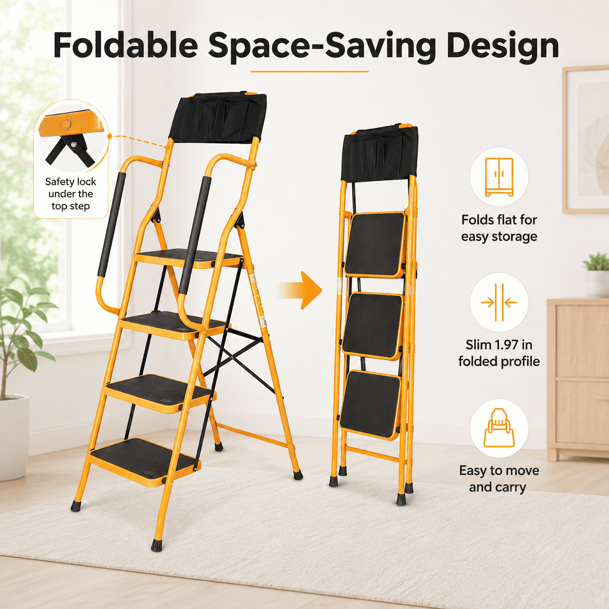 Alvantor 4-Step Iron Ladder with Handrails and Tool Bag (Ginger Yellow, 330 lb Capacity) szhpg