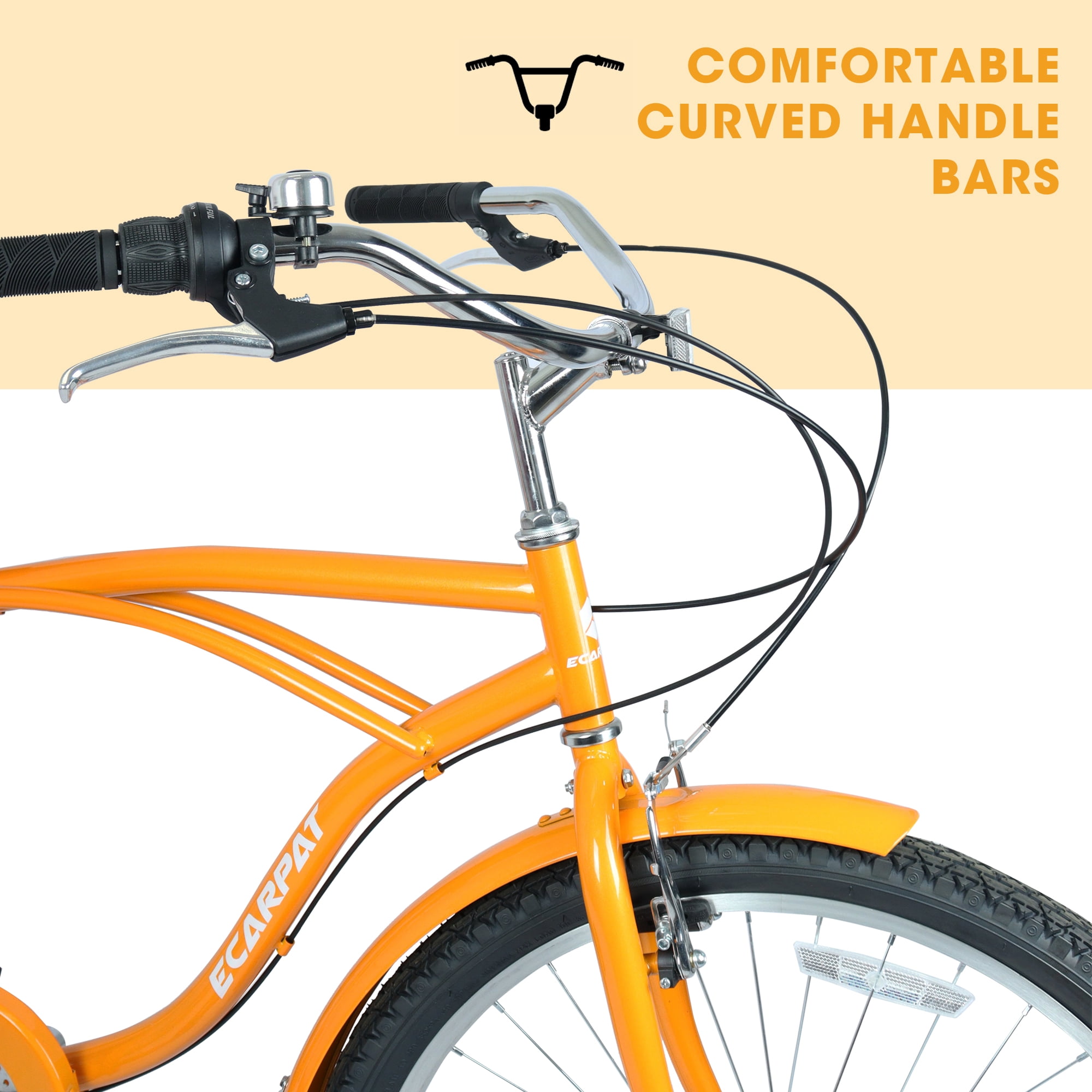 Ecarpat 26 Inch Beach Cruiser Bike, 7-Speed Commuter Bicycle with High-Carbon Steel Frame and Dual V-Brakes (Gold, 26 in) njl0u