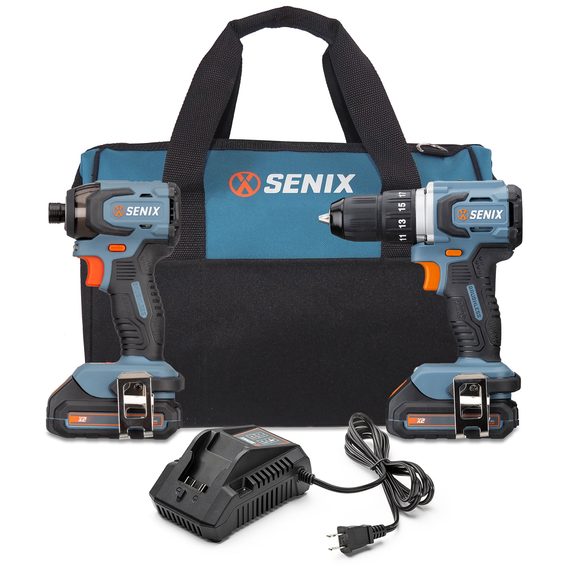 Senix 20V Cordless Power Tool Set with Keyless Drill and Hex Impact Driver (Blue, 2-Tool Kit) c8ixj