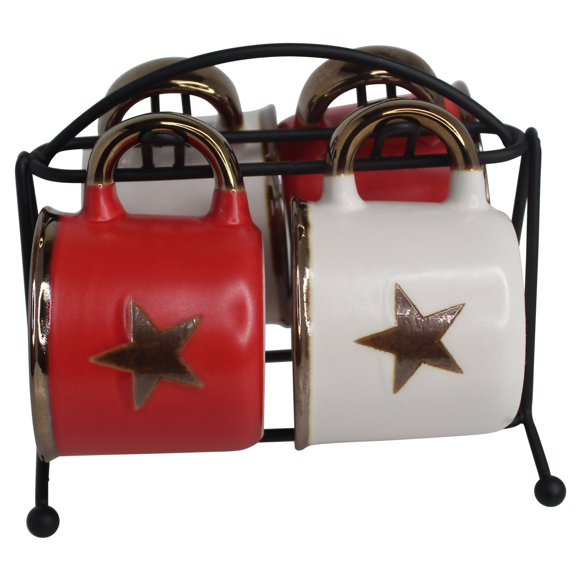IMUSA Espresso Cup and Saucer Set with Rack (Red and White Star Print, 4 Piece Set) 6ulm6