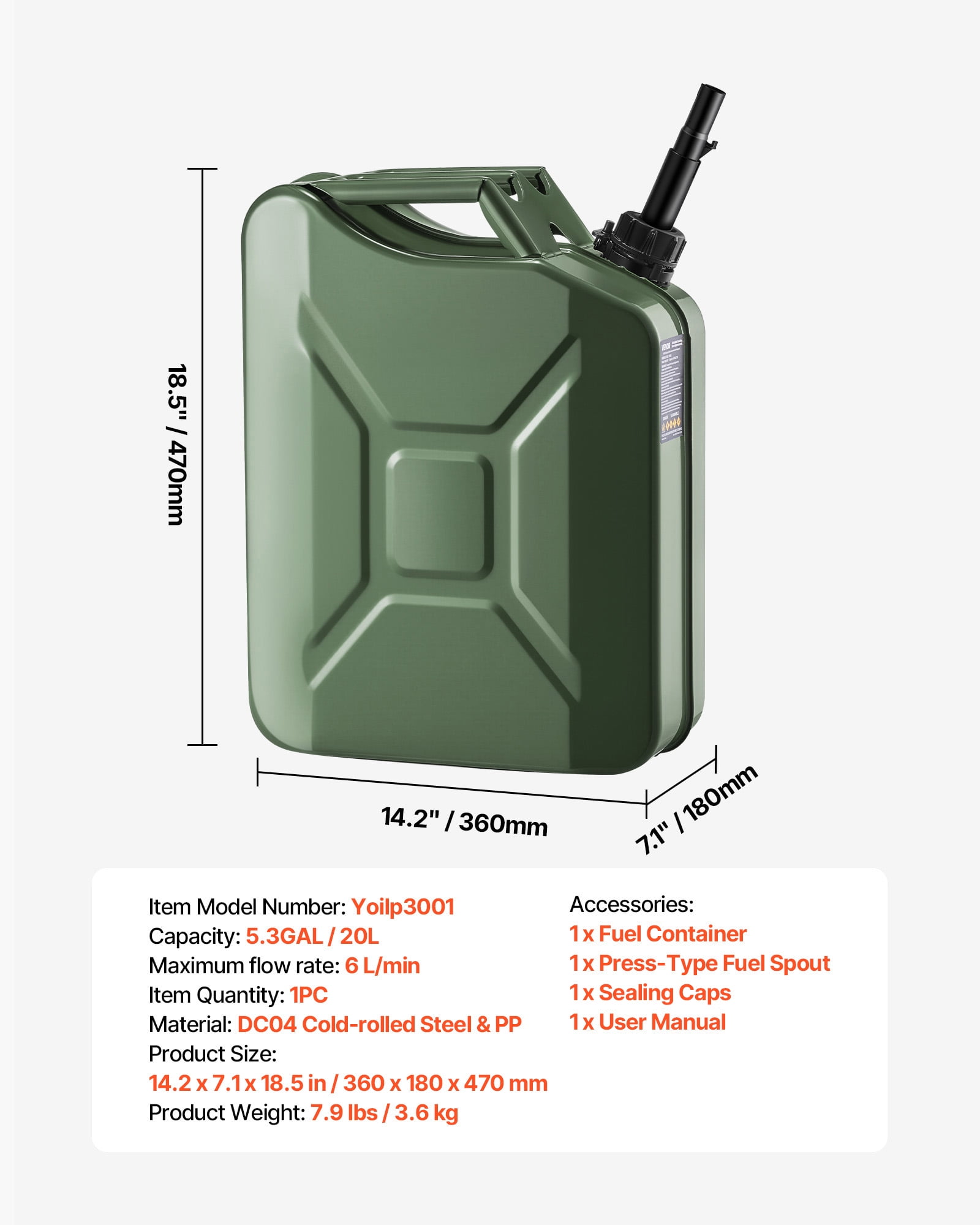 VEVOR Metal Fuel Container, 5.3 Gallon Jerry Can with Spout and Comfort Handle, Leakproof Gas Tank for Cars and ATVs (Green, 5.3 Gallon) 0ix4v
