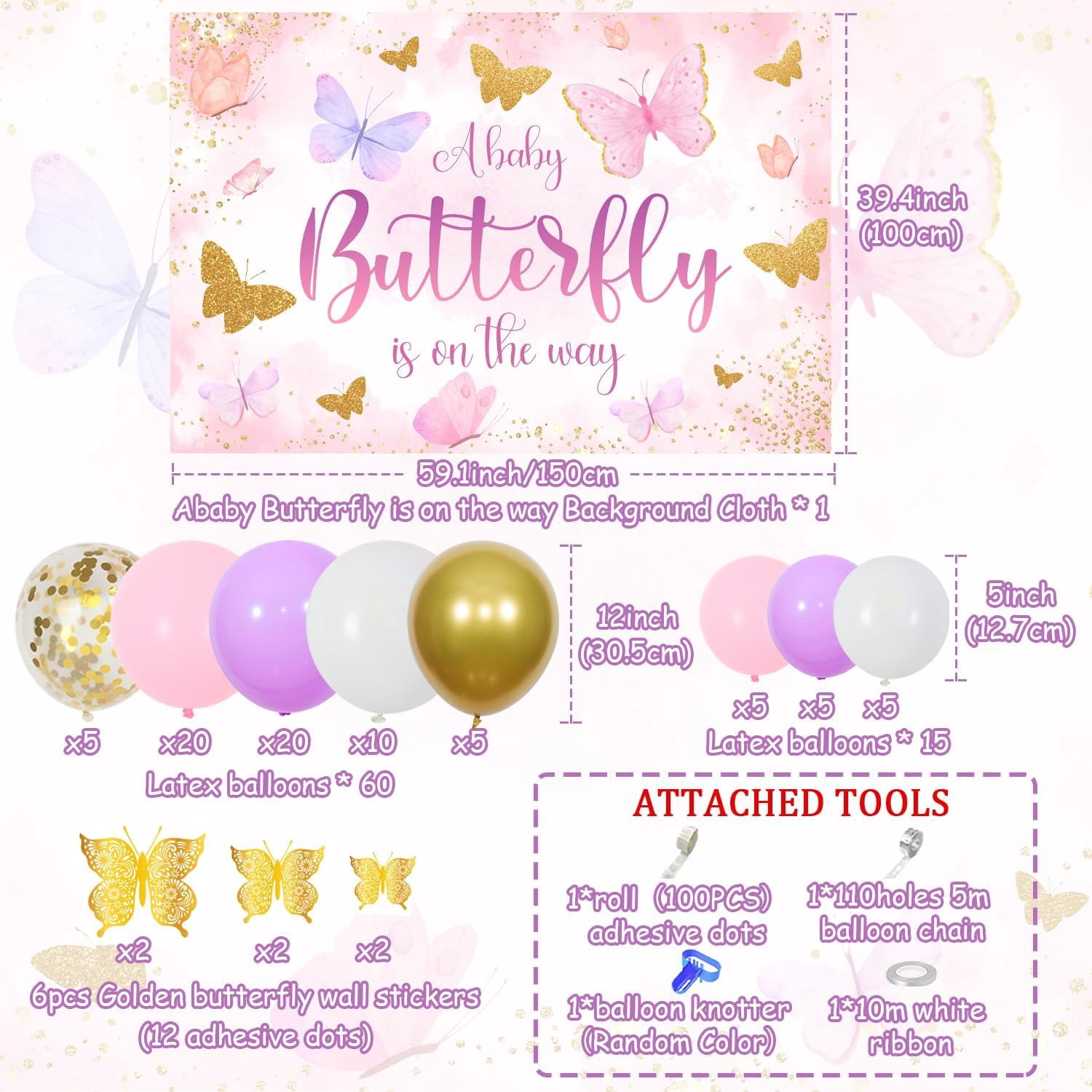 Sursurprise Butterfly Baby Shower Decoration Set with Balloon Garland Arch and Backdrop (Purple and Gold, 1 Set) izlom