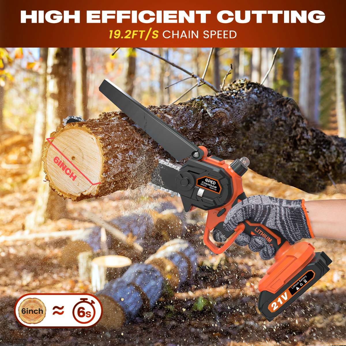 GPED Cordless Mini Chainsaw, 6-inch Electric Power Saw for Tree Trimming and Wood Cutting, Lightweight Handheld Tool with 2 Batteries (Orange, 6-inch) usdjn
