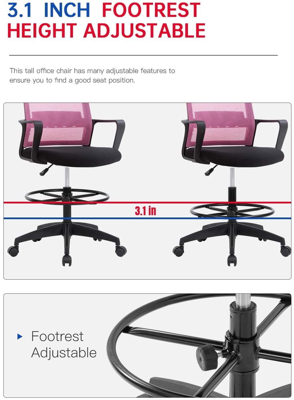 BestOffice Ergonomic Drafting Chair with Lumbar Support and Adjustable Arms (Pink, Mid Back) b32q5