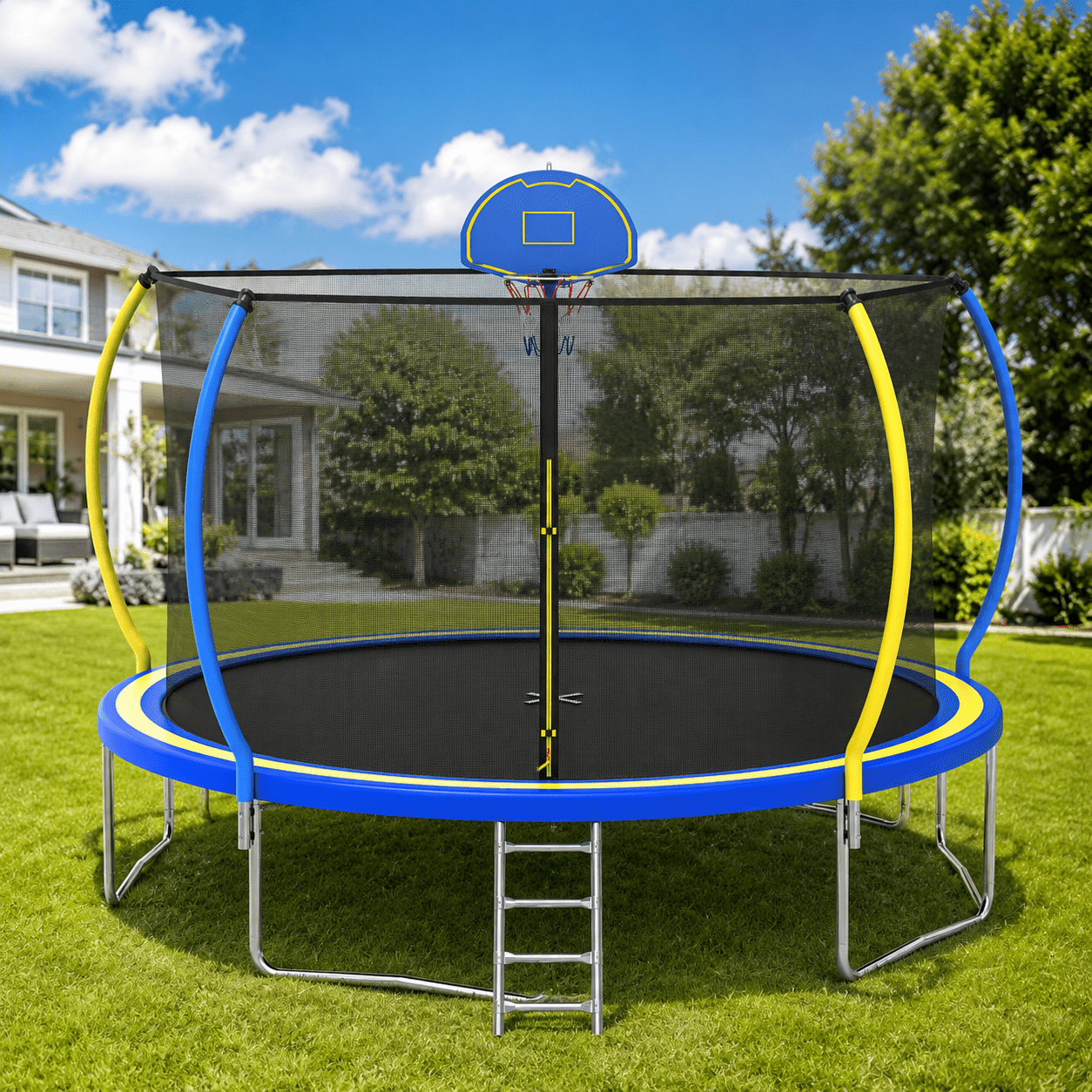 Seizeen 12 ft Round Trampoline with Enclosure Net, Basketball Hoop, Ladder, and Waterproof Cover (Blue, 12 ft) 3k4ac