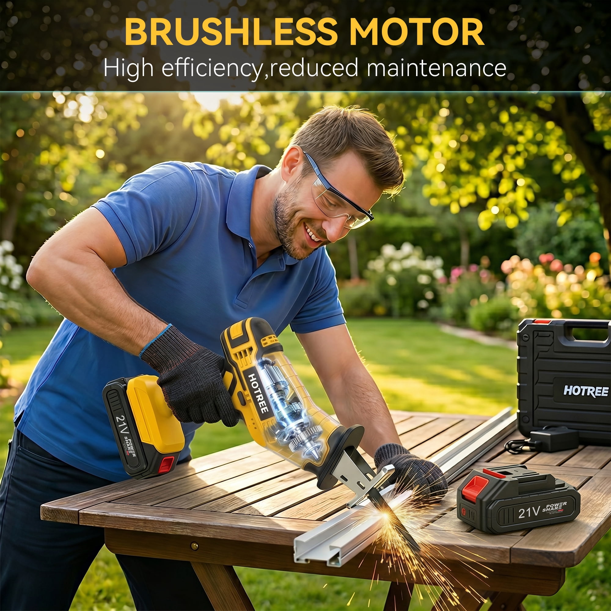 HOTREE Cordless Reciprocating Saw, Variable Speed Power Tool with Dual 2.0Ah Batteries and 8-Piece Blade Kit (Yellow) 9rtc7