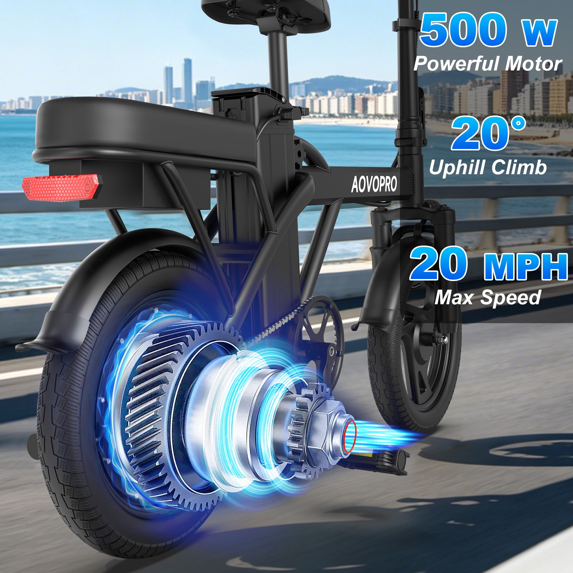 AOVOPRO AHT14 Electric Bike 500W 48V, Foldable Mini Ebike for City Commuting (Black, 14 in) i5p40