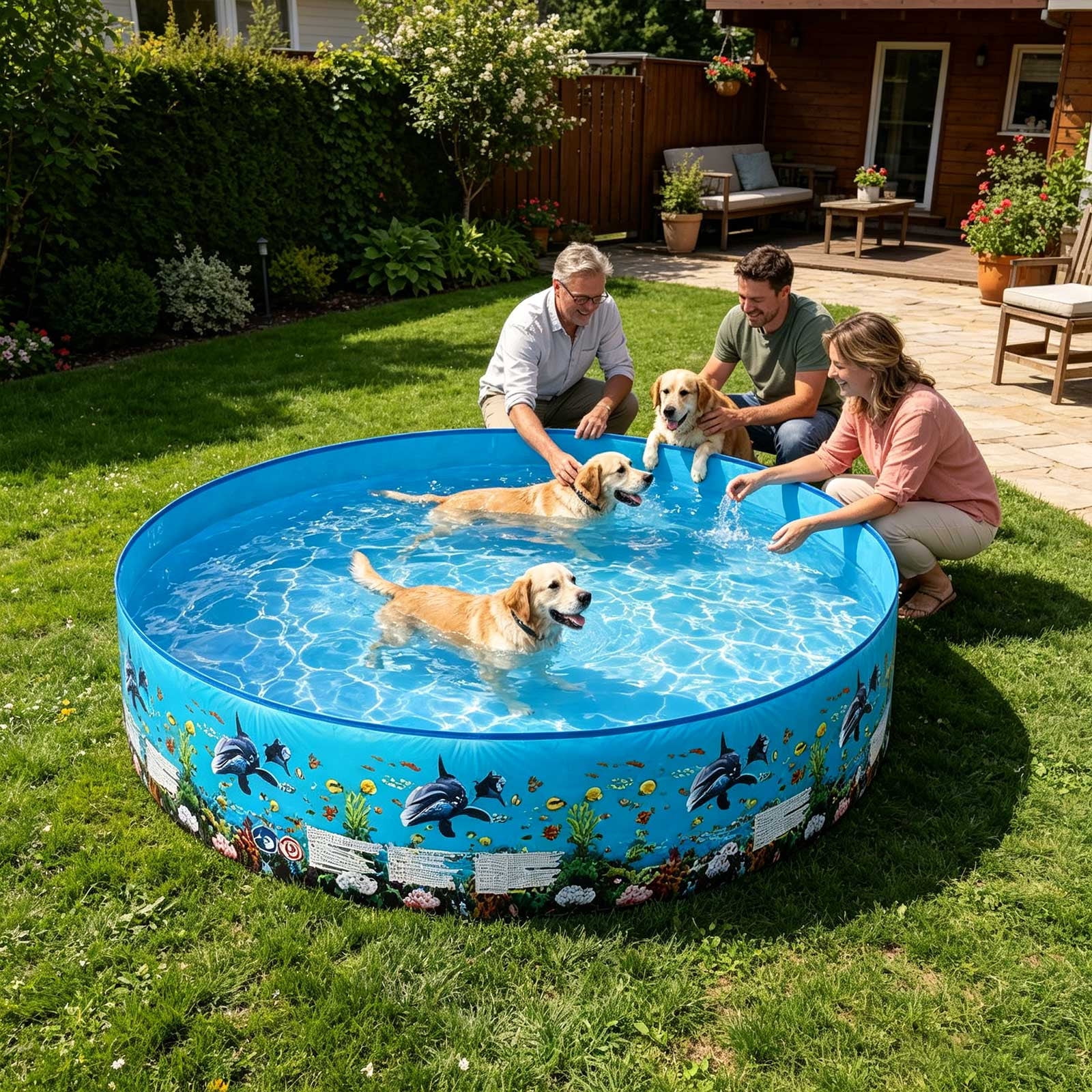 Lypsnake Inflatable Swimming Pool, Round Backyard Water Basin with Dolphin Pattern (Blue, 8 ft) usmgz
