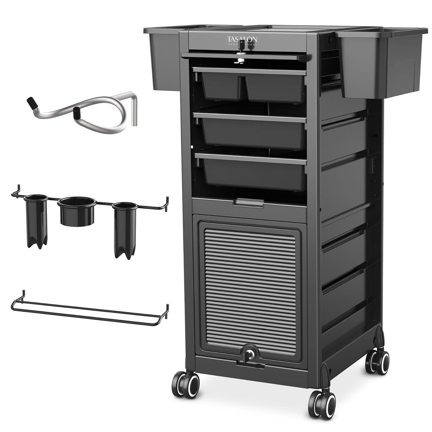 Tasalon Salon Trolley Cart with 6 Drawers and Heat-Resistant Tool Holders (Black) q5n23
