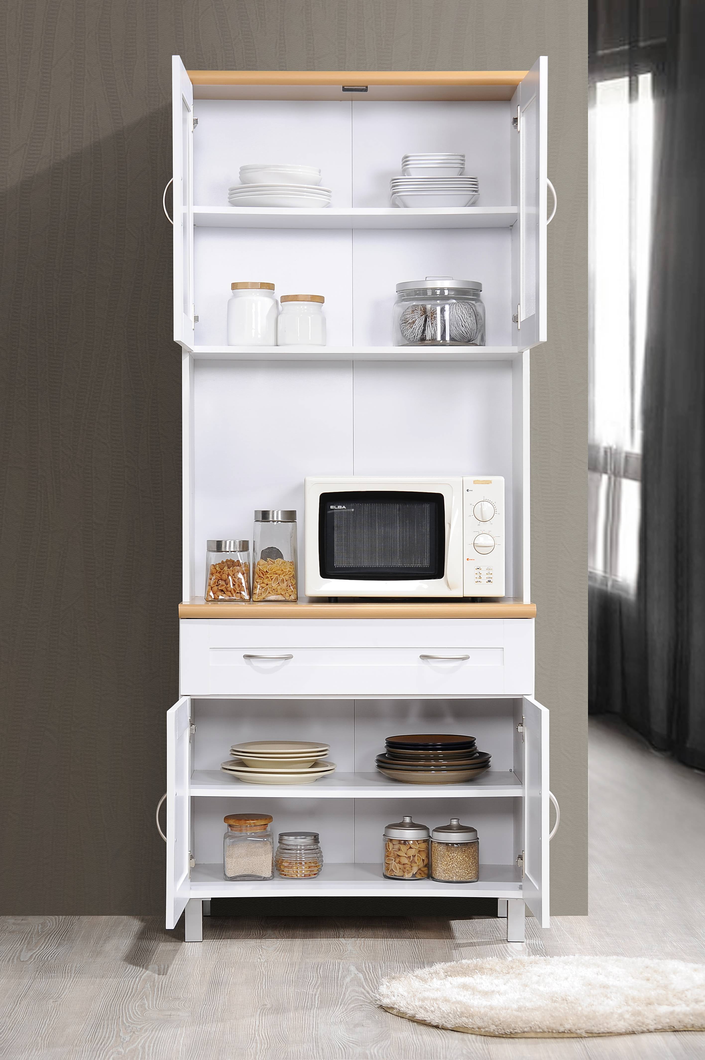 Hodedah Tall Free Standing Kitchen Cabinet with Microwave Storage and Drawer (White, 79 in. H x 32 in. W x 17 in. D) zf1pn