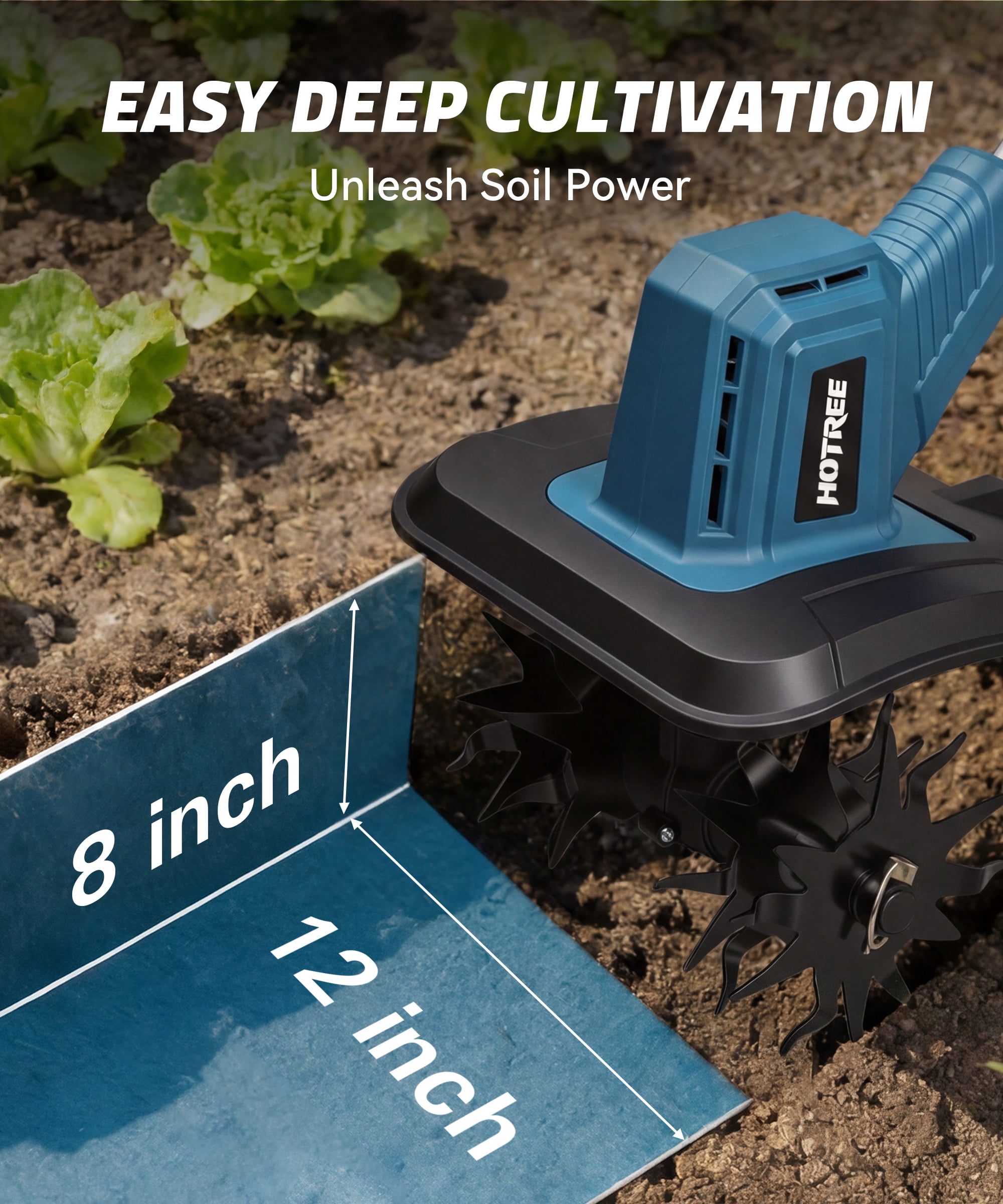 HOTREE Cordless Electric Tiller Garden Cultivator with 4 Steel Blades (12in Tilling Width, 8lb) 0yacl