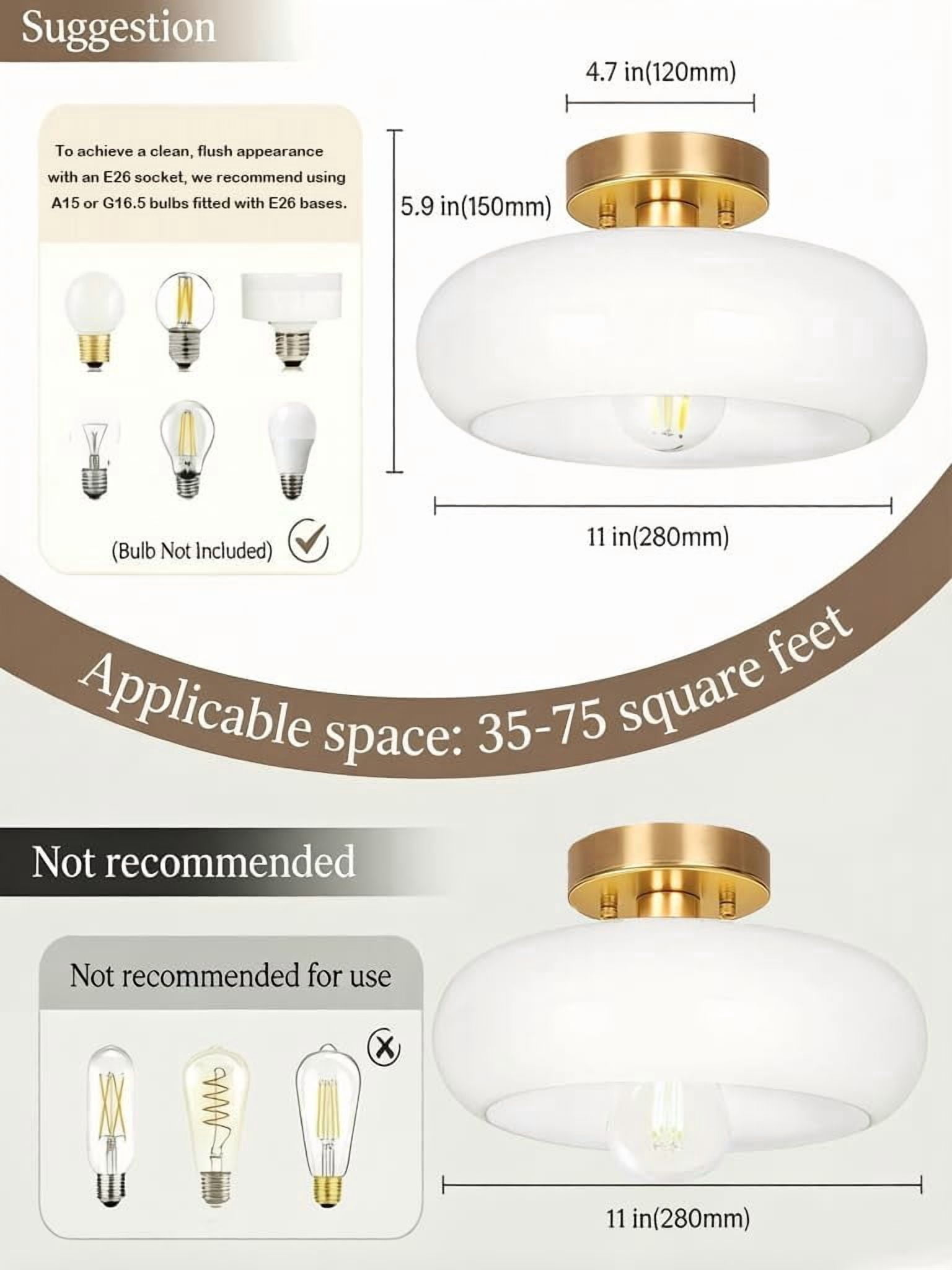 Jolydoly Mid-Century Modern Semi Flush Mount Ceiling Light, Gold Fixture with White Milk Glass Shade (11 in) mpivc