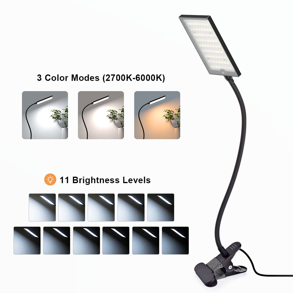 Aiibe LED Desk Lamp with Clamp, Dimmable Reading Light, 3 Color Modes & 11 Brightness Levels, Flexible Gooseneck (Black, 5W) 3kdzz