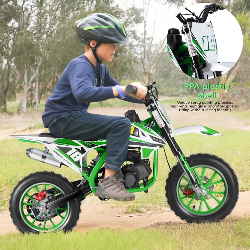 Seipouy 49cc Gas Powered Dirt Bike for Kids, Off-Road Pit Bike with Hydraulic Disc Brakes (Green, 10 in Tires) lawn2