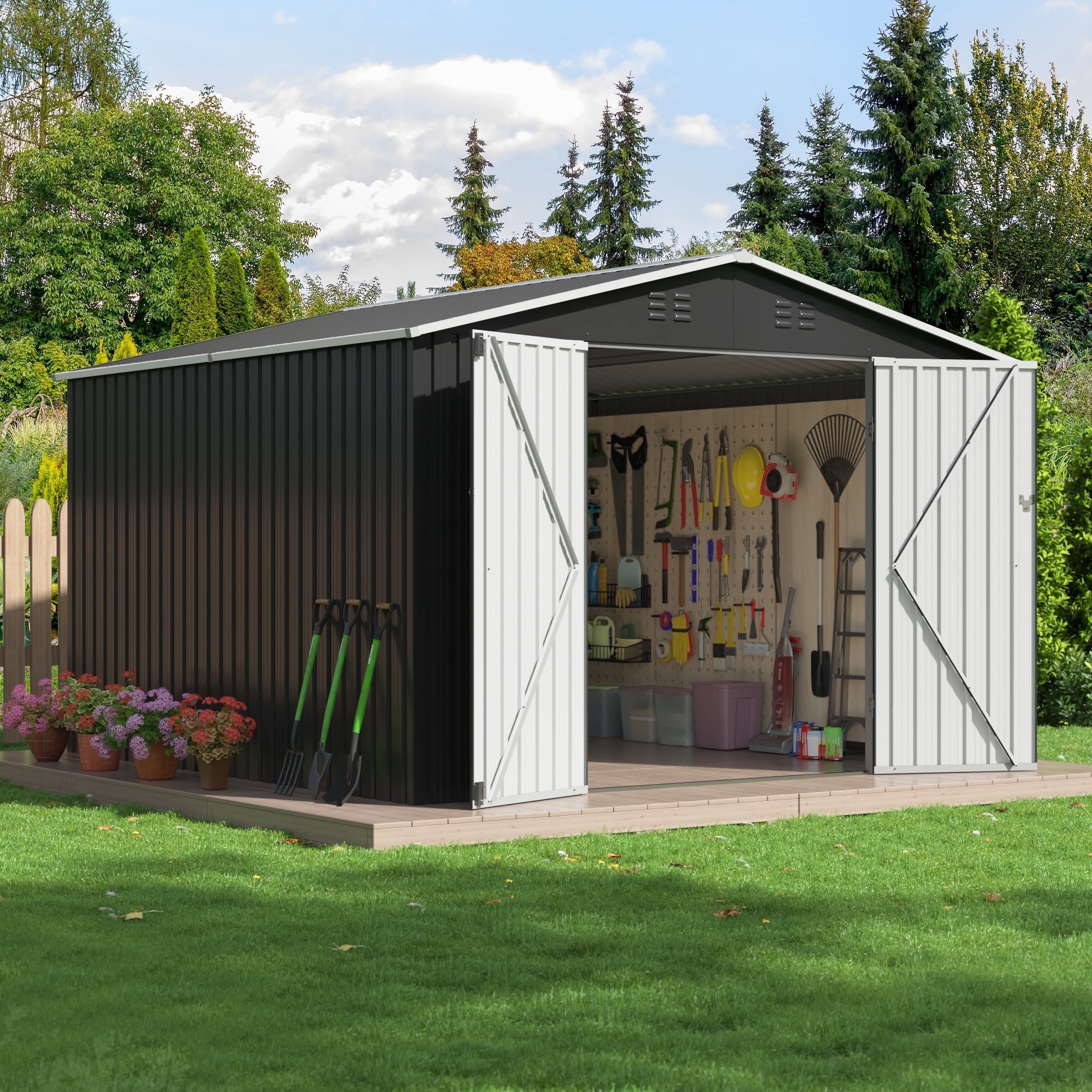 NETAJE Outdoor Metal Storage Shed with Lockable Doors and Sloped Roof (Gray, 10 ft x 10 ft) z15n8