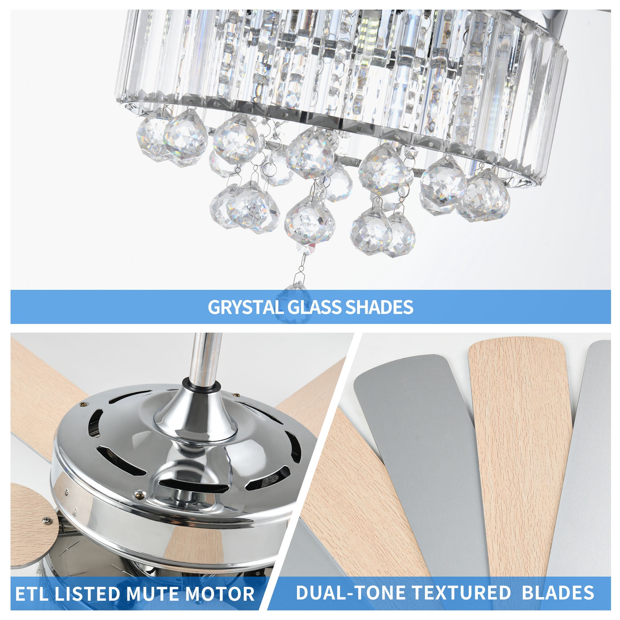 Dextrus 52 in Chandelier Ceiling Fan with Remote, Crystal Light Fixture, Silent Reversible Motor, Chrome (52 in) 6qwa1