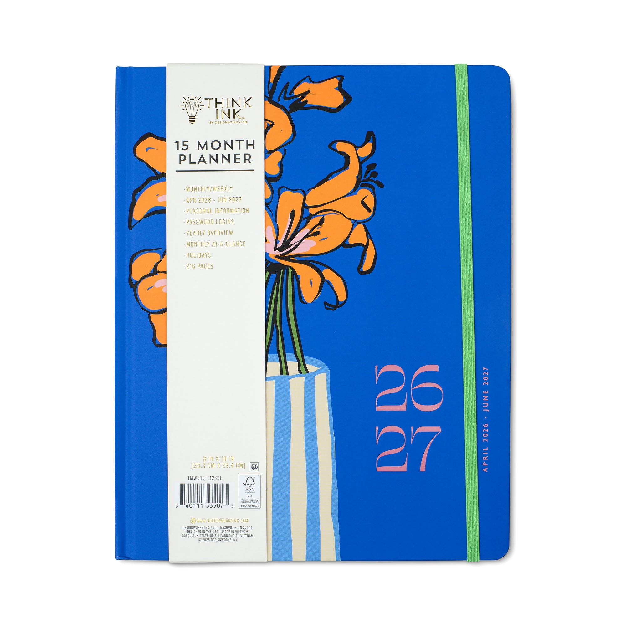 ThinkInk 15-Month Planner Weekly & Monthly Organizer Blue Flower Vase Design (8 in x 10 in) kg3qq