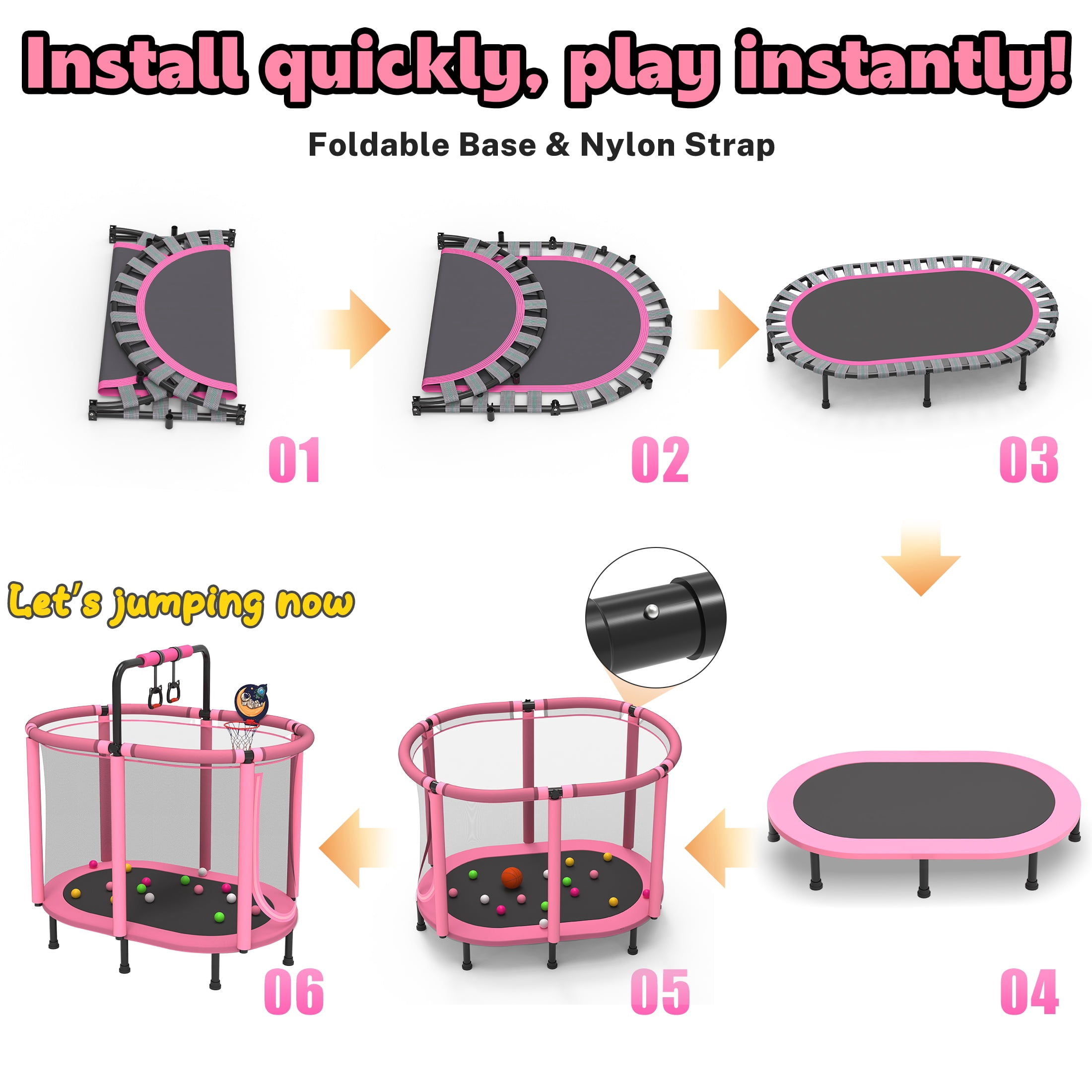 SHINPT 60 in Kids Trampoline with Enclosure Net, Basketball Hoop, and Gymnastic Bar (Pink, 60 in) n5r0i