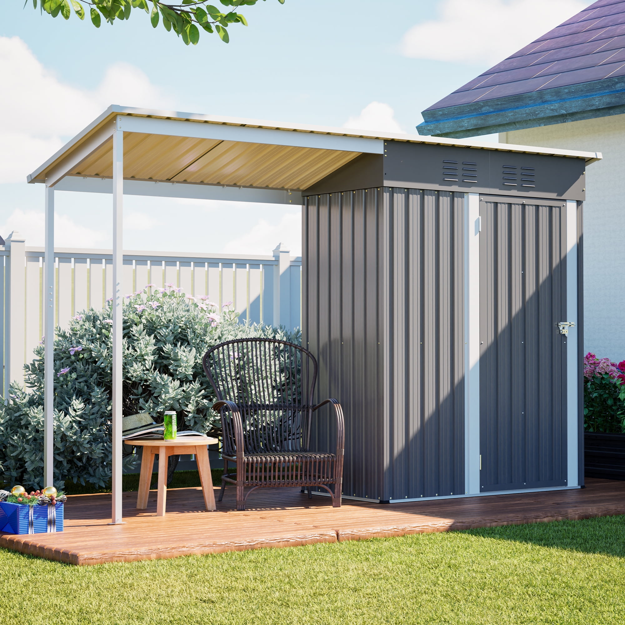 LZBEITEM Outdoor Storage Shed with Attached Hardtop Pergola, Weather-Resistant Metal Tool Shed (Grey, 5 ft x 3 ft) 9edkc
